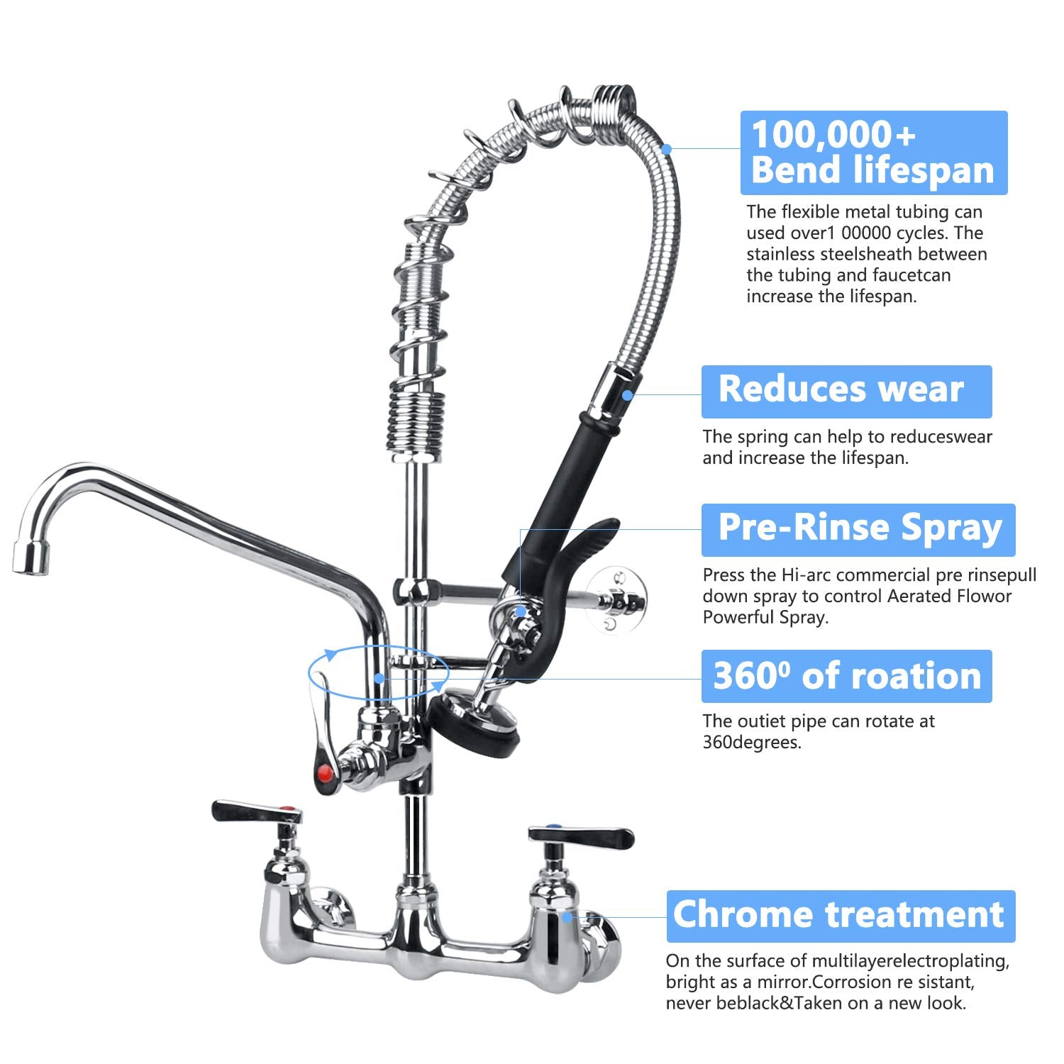 Kwode Commercial Sink Faucet With Pre-Rinse Sprayer 8 Inch Center Wall Mount Kitchen Faucet 25” Height Compartment Sink Faucet With 12” Swivel Spout For Restaurant Industrial, Brass Chrome Finish