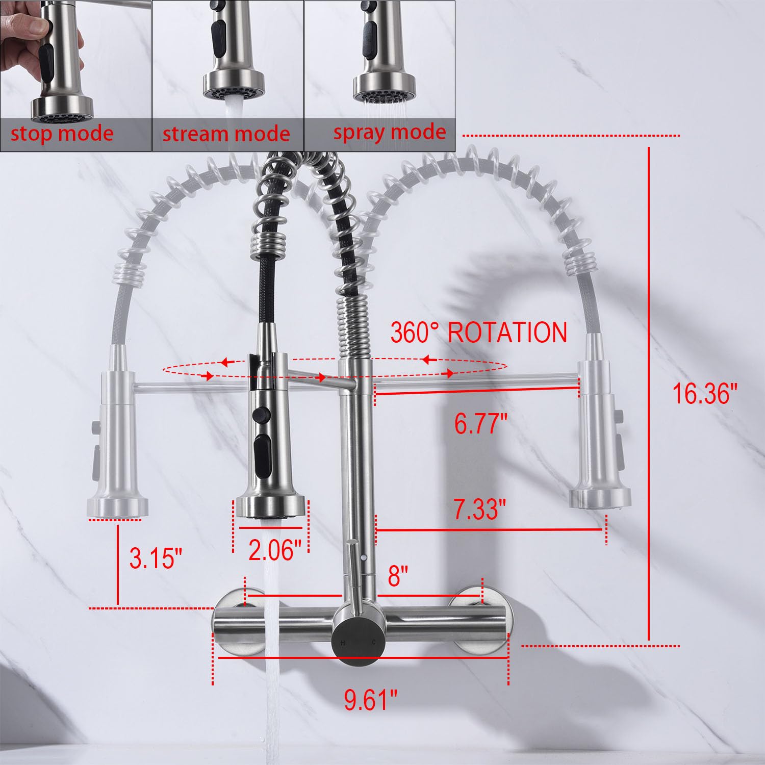 Zhyich Wall Mount Kitchen Faucet With Pull Out Sprayer, 8 Inch Center Commercial Kitchen Sink Faucet, Spot- Stainless Steel, Easy Controlled Cold And Hot Water