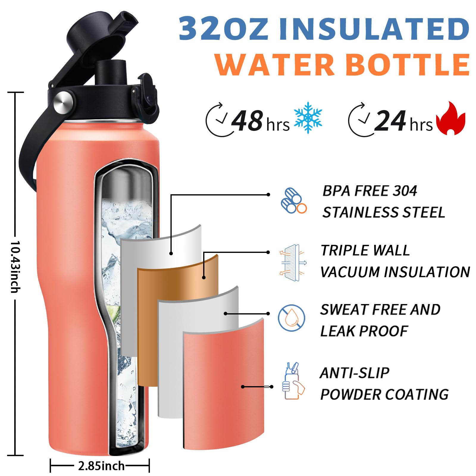 32 Oz Stainless Steel Water Bottle - Keep Cold-48 Hrs, Hot-24 Hrs, Leak Proof Vacuum