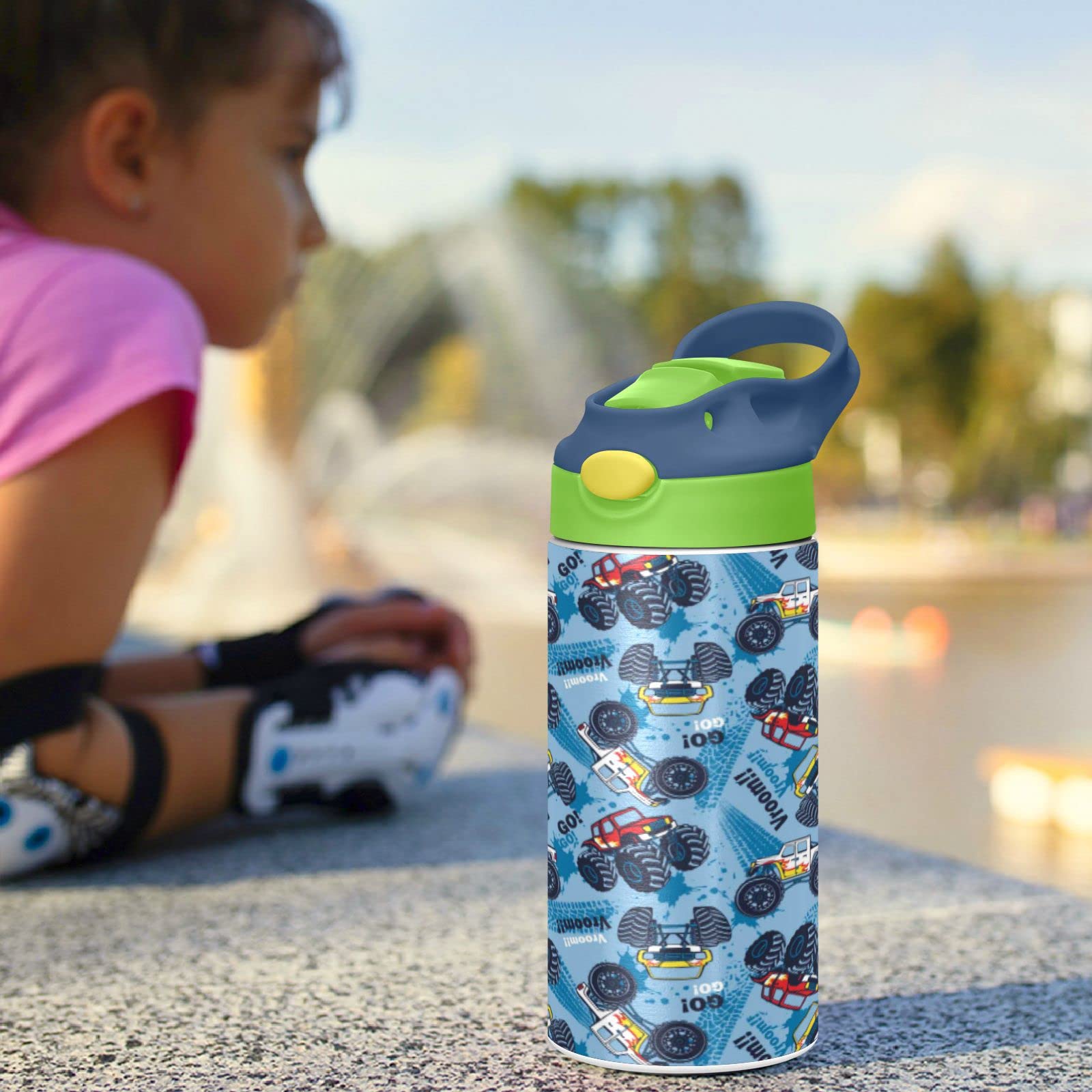 Boccsty Monster Truck Cars Seamless Pattern Kids Water Bottle With Straw Lid Insulated Stainless