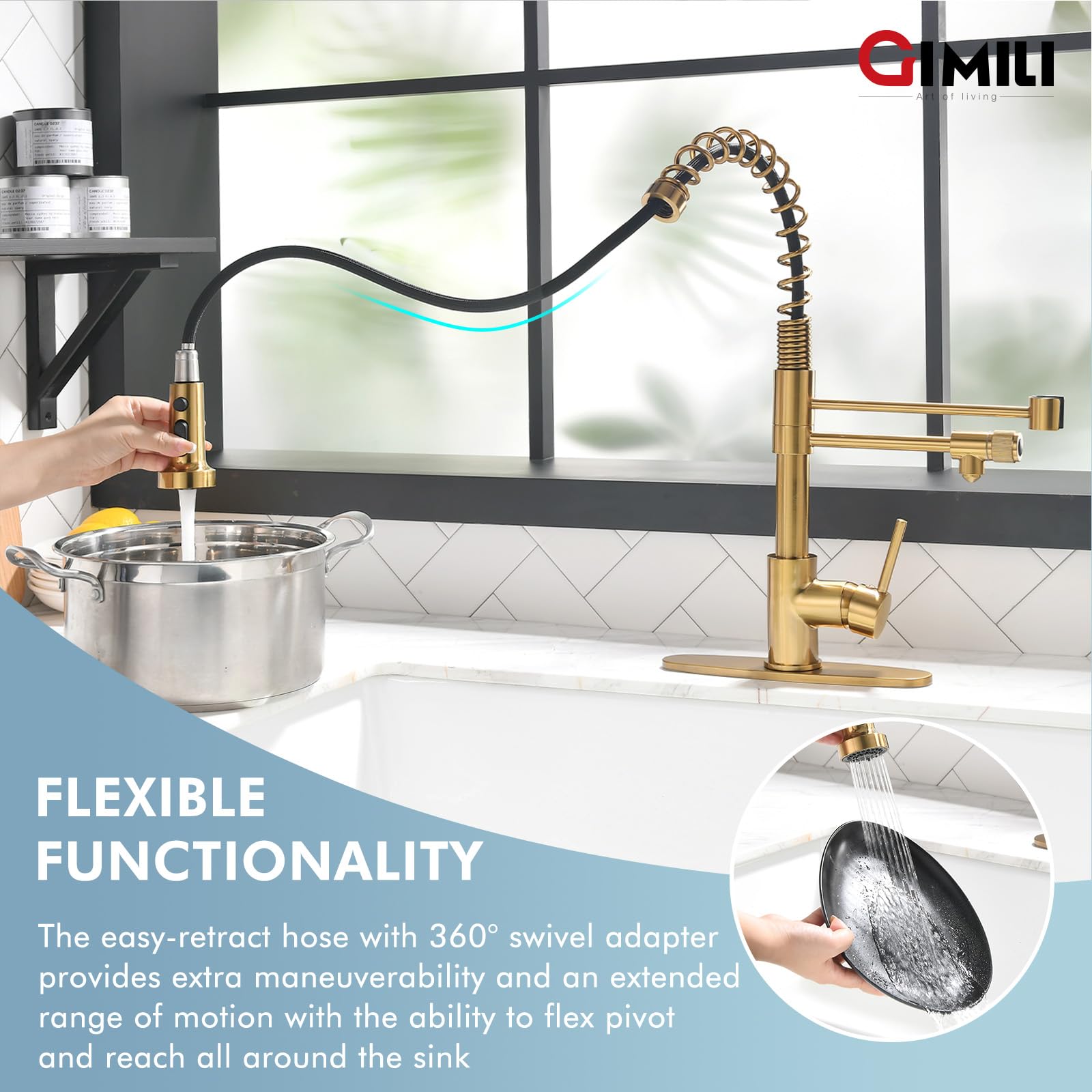 Gimili Brushed Gold Drinking Water Faucet 3 In1 Commercial Style Pull-Down Single Handle Filter Kitchen Faucet For Water Filtration System,Without Water Filtration Device
