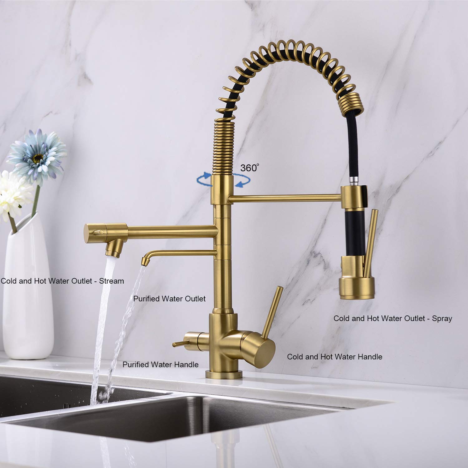 Delle Rosa Kitchen Faucet, 3 Way Drinking Water Faucet, 3 In 1 Water Purifier Faucets, High Arc And Dual Handles Commercial Kitchen Faucet Brushed Brass