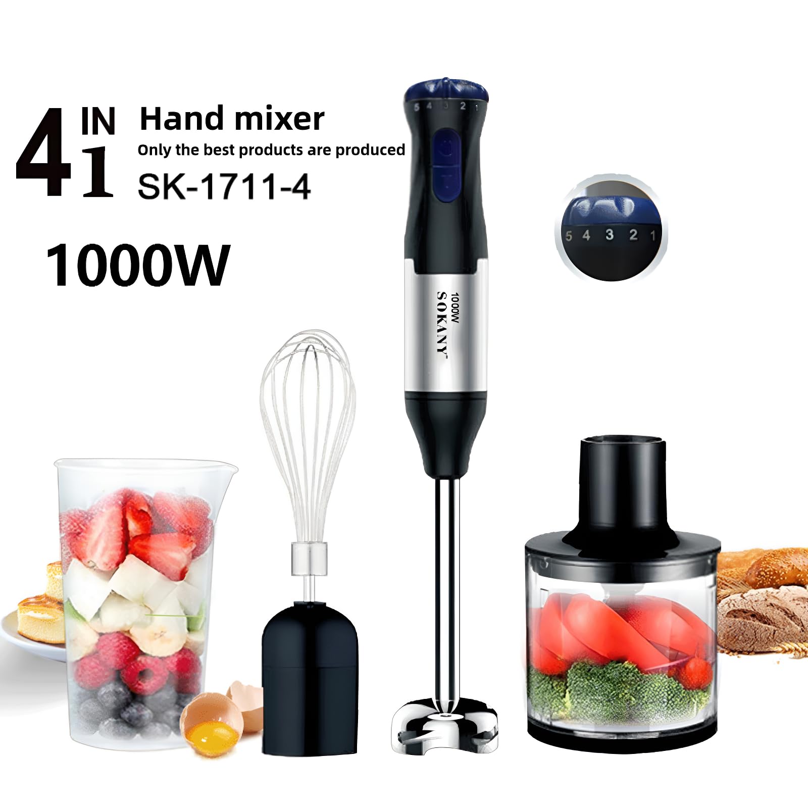 Kimiquatyz 4-In-1 Copper Motor Stainless Steel Blade Immersion Blender Handheld,1000W 5 Speed Stand Mixer,700Ml Beaker,500Ml Food Processor, Egg Beater, Baby Food Maker, Meat Grinder