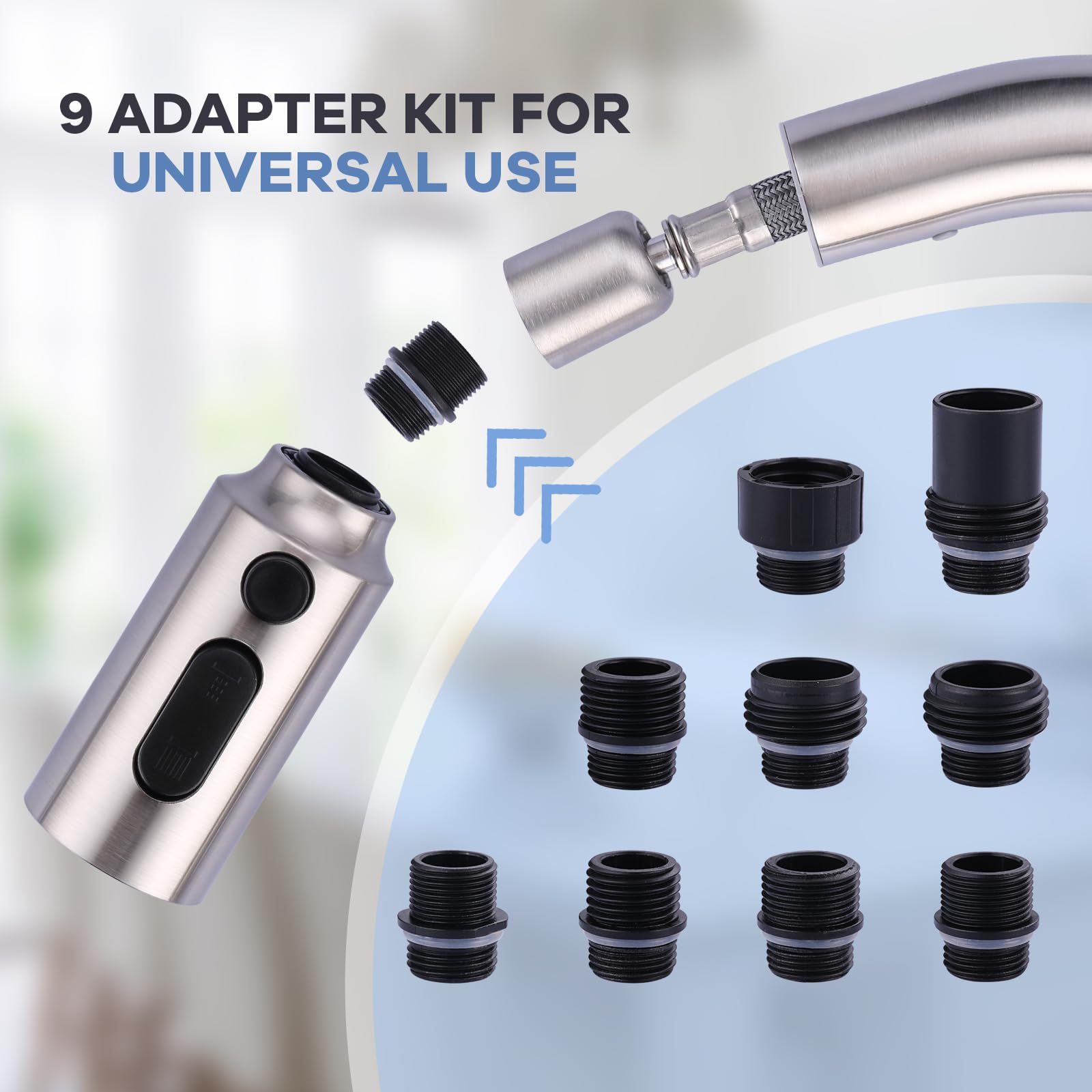 Iviga Pull Down Faucet Sprayer Head Replacement, Brushed Nickel 3 Function Pull Out Spray Nozzle With 9 Adapters For Kitchen Sink Faucet, American Standard For Moen Kohler Delta G1/2 Male Connector