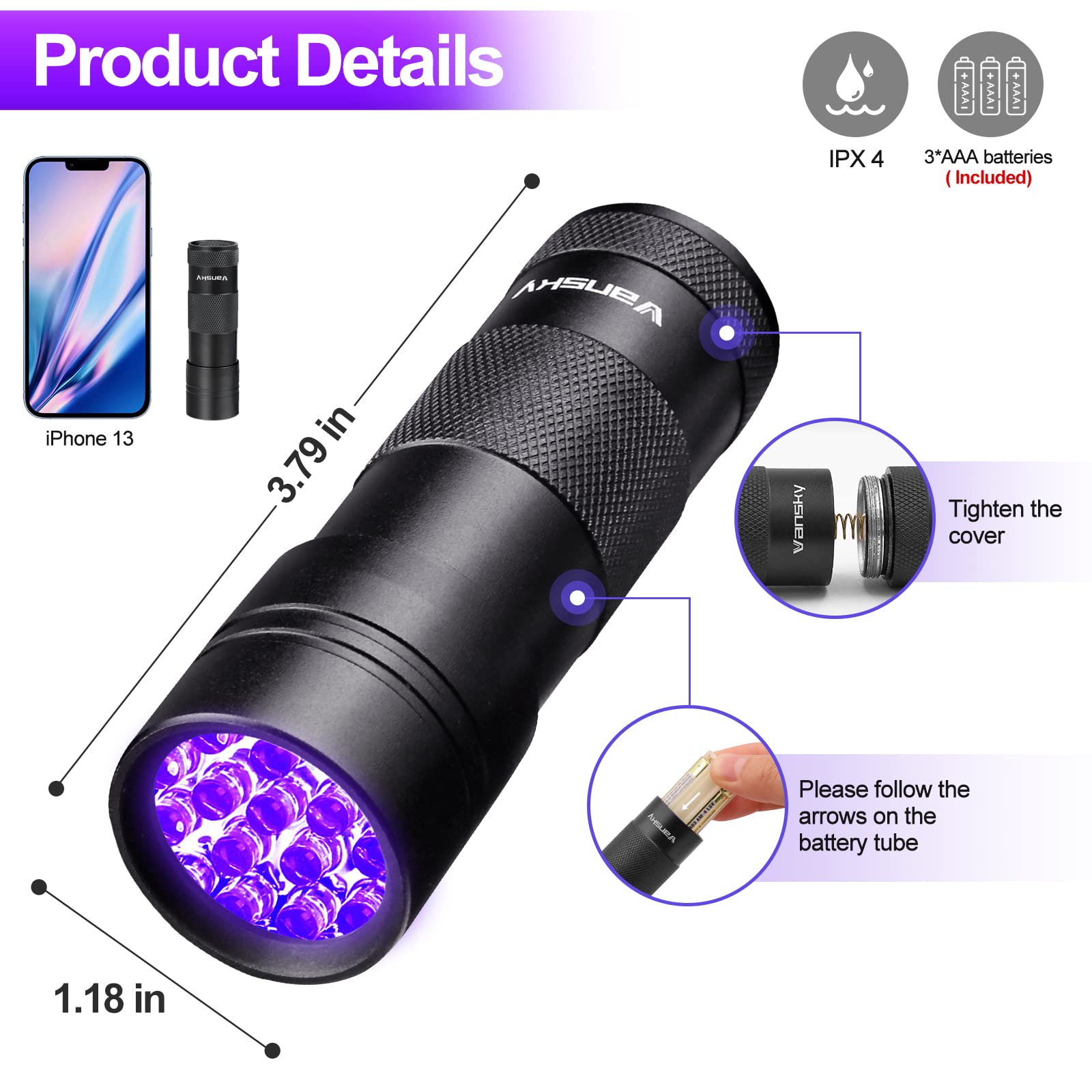 Vansky 【Recommend  365Nm And 12 Led 395Nm Blacklight Uv Flashlight Pet Urine Detector For Dog/Cat Urine, Dry Stains
