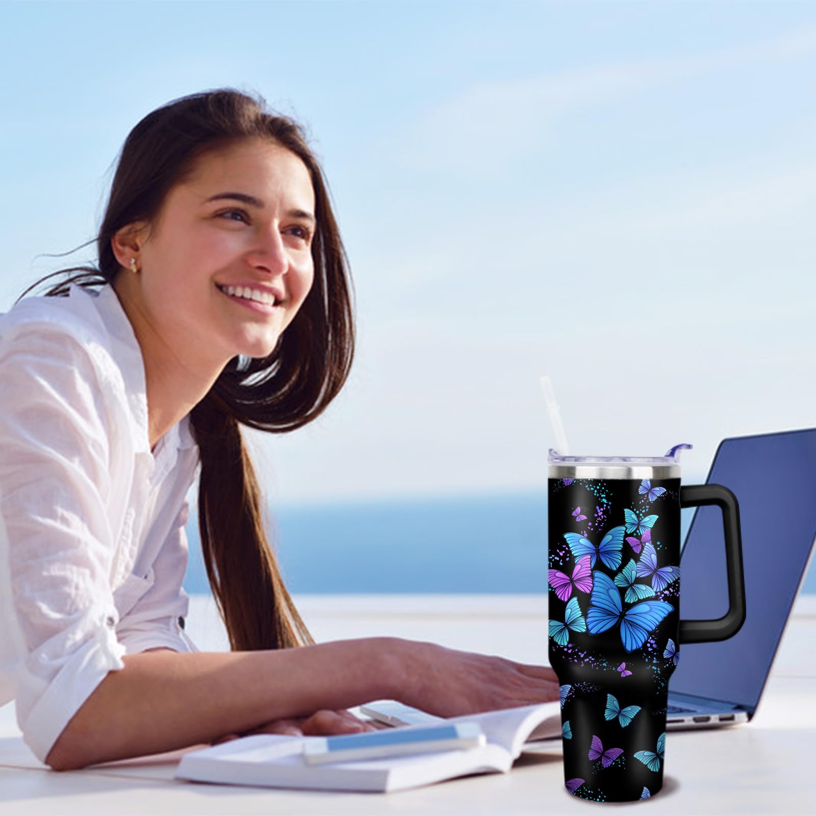 Butterfly Tumbler With Lid, Straw And Handle - 40Oz Stainless Steel Travel Coffee Mug Water Bottle