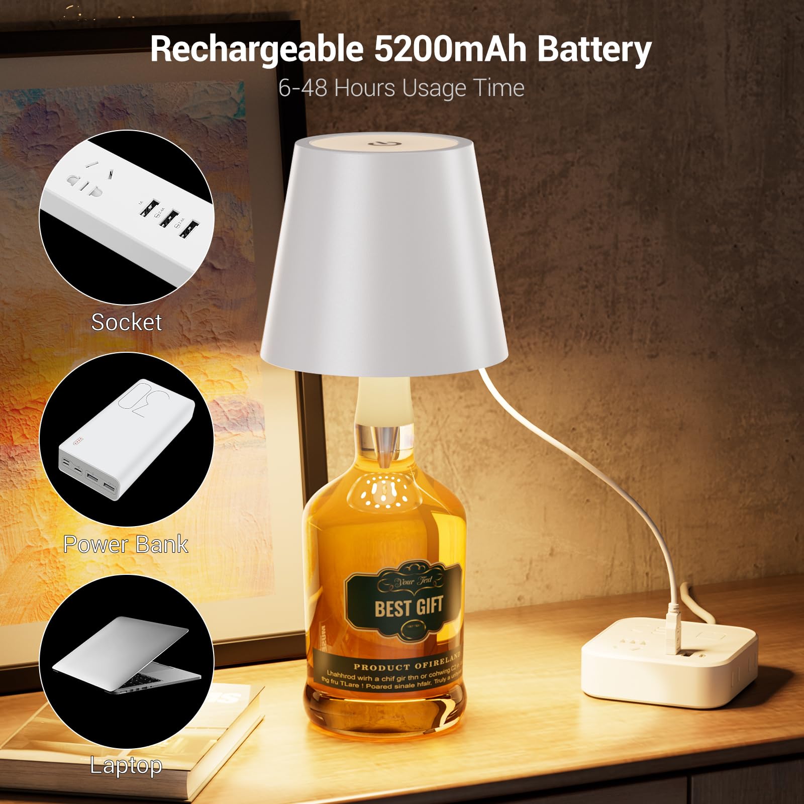Nulmvic Wireless Bottle Lamp Shade - Portable Led Wine Bottle Lamp With Stopper, 3 Color Stepless Dimming Rechargeable Touch Wine Bottle Lights For Any Liquor Bottle Bars Restaurants (Black, 1 Pack)