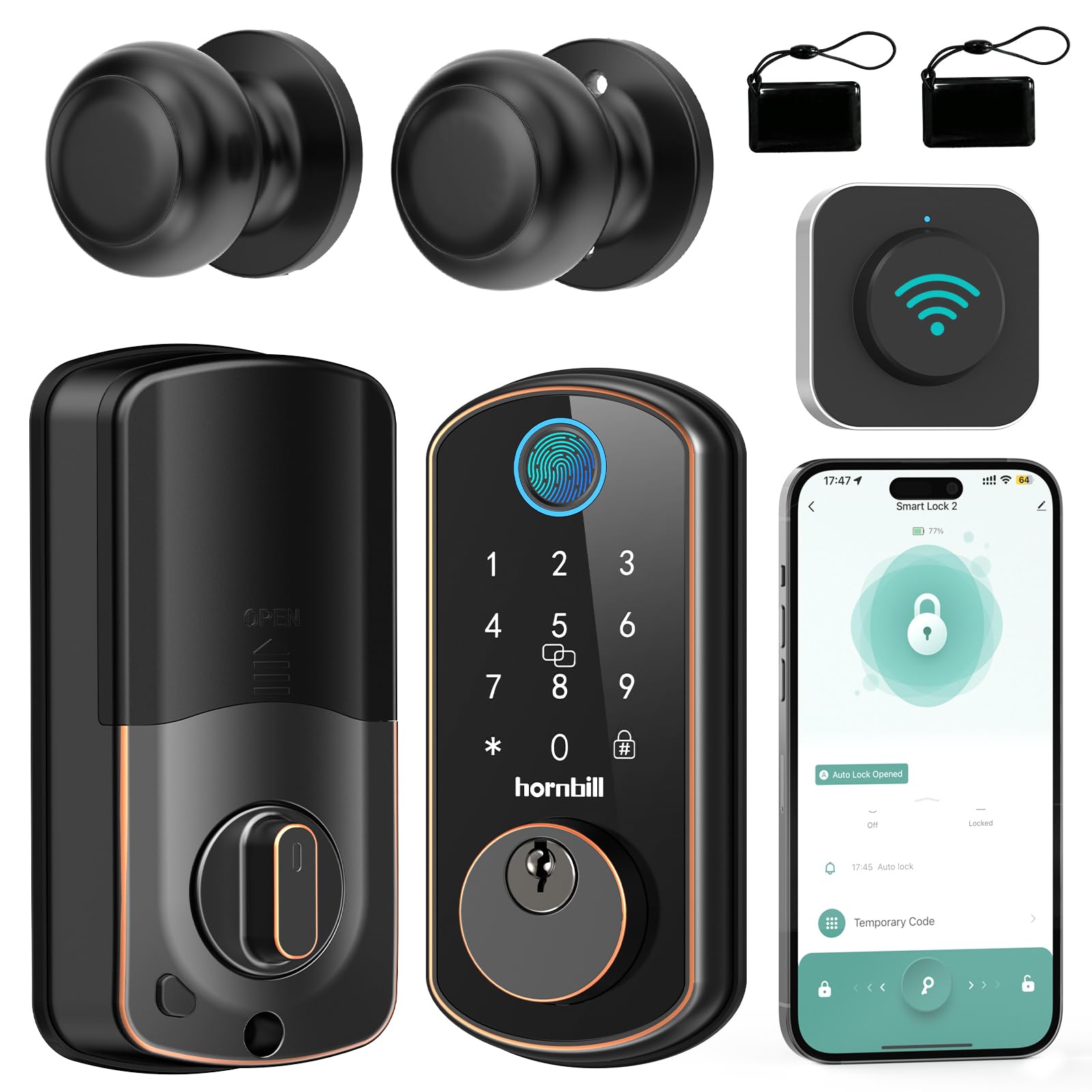 Hornbill Smart Front Door Lock Set: Wifi Keyless Entry Door Lock Deadbolt With Handle Set With 2 Knobs Alexa Bluetooth Remote Code For Home Oil Rubbed Bronze