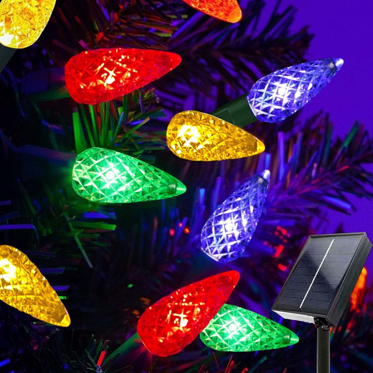 Yikizy Solar Christmas Lights Outdoor C6 Strawberry String Lights, 100 Led Multicolor Outdoor Solar Powered Rechargeable Garden Lights For Xmas Tree, Holiday, Party Courtyard Decor