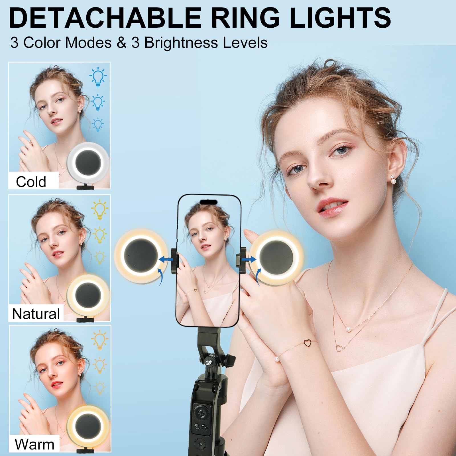 Bizisofon 70.9" Auto Face Tracking Tripod 360° Rotation With Stand & Light, Phone Camera Holder Stand With Remote & Gesture Control, Extendable Selfie Stick For Gopro/Travel/Vlog/Video/Tiktok/Live Streaming