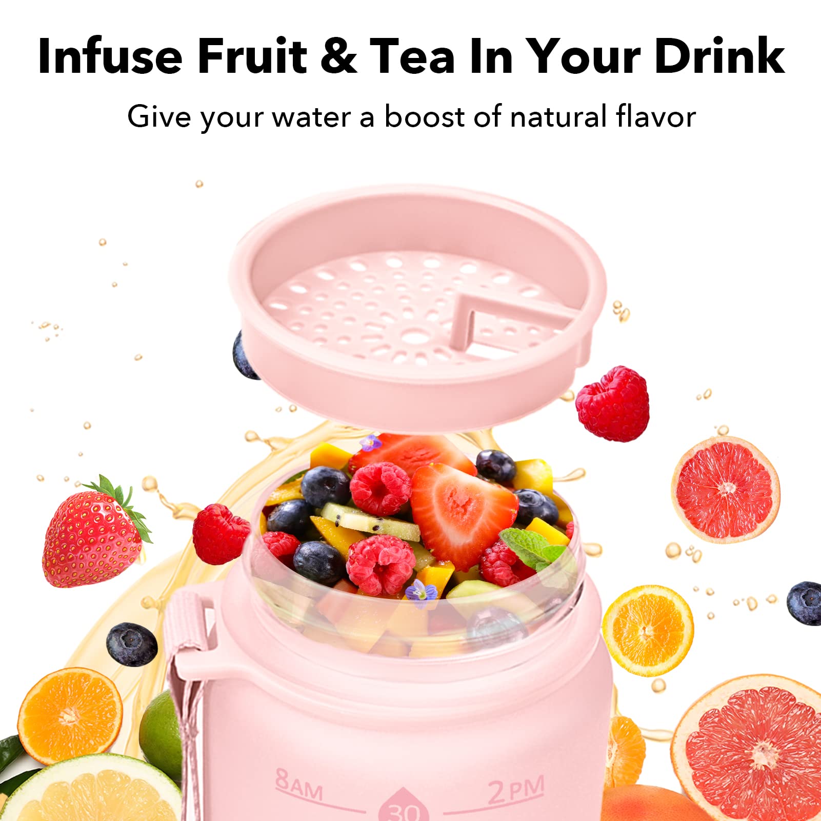 32Oz Motivational Water Bottles With Time Marker & Fruit Strainer, Single Color Water Bottle