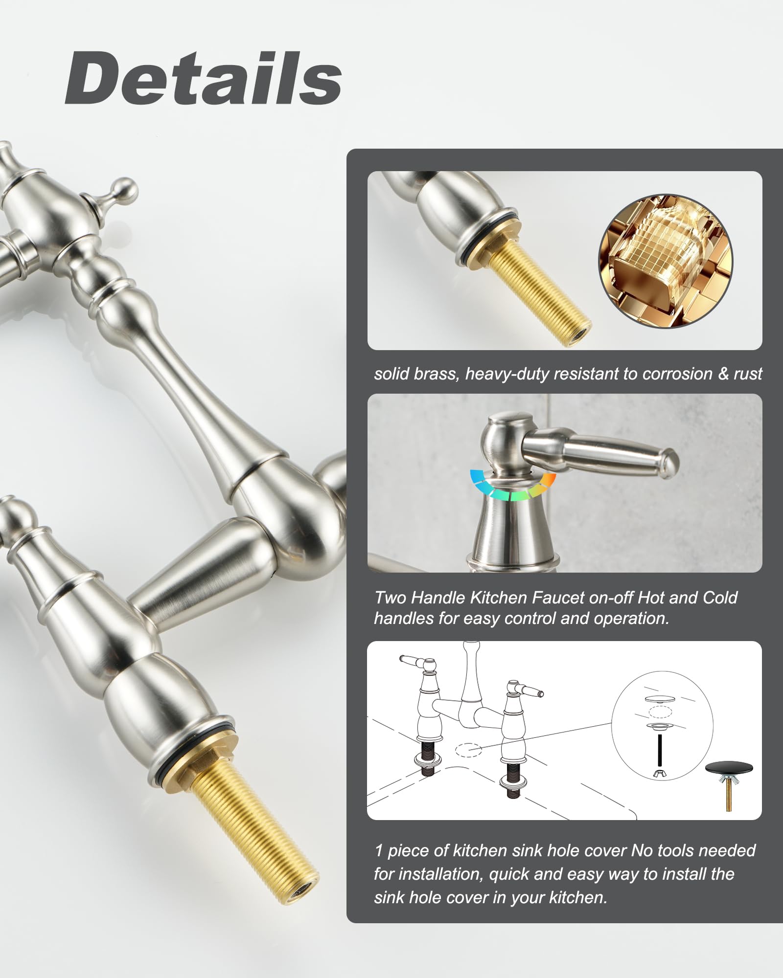 Aleasha Bridge Centerset Kitchen Faucet For Sink, Deck Mount Brass Vintage Farmhouse Kitchen Faucet, 2 Handle 2 Hole 360 Degree Swivel Copper Faucet, Brushed Nickel