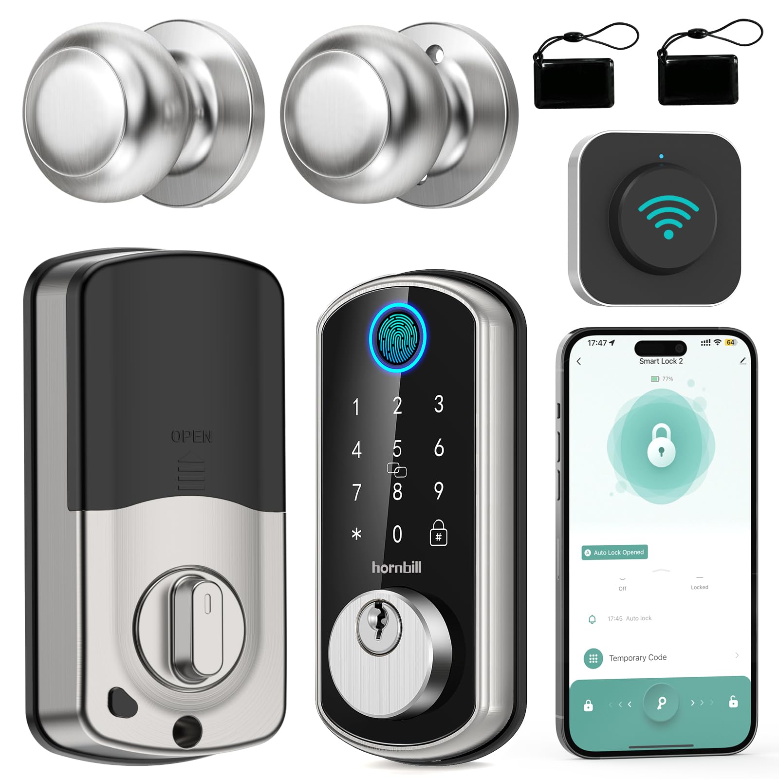Hornbill Smart Wifi Door Lock Set: Silver Keyless Entry Door Lock Deadbolt With Handle Set Fingerprint With 2 Knobs Alexa Bluetooth Remote Code Auto For Home Hotel Security