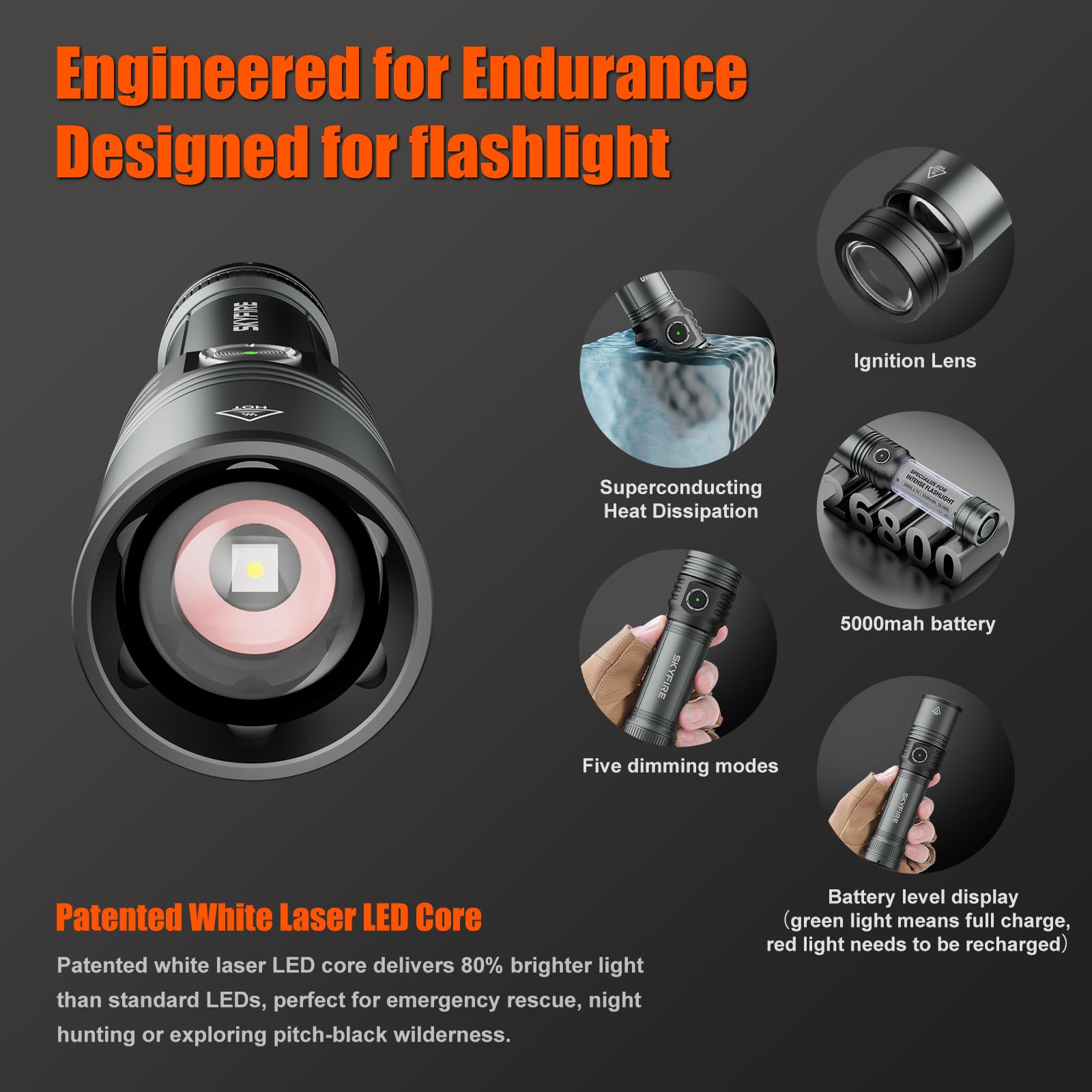 Skyfire Led Flashlights 1000000 High Lumens With Ignition Lens, Rechargeable Super Bright Zoomable Flash Light, 5 Modes Waterproof Handheld Powerful Utility Flashlight For Emergency Camping Hiking