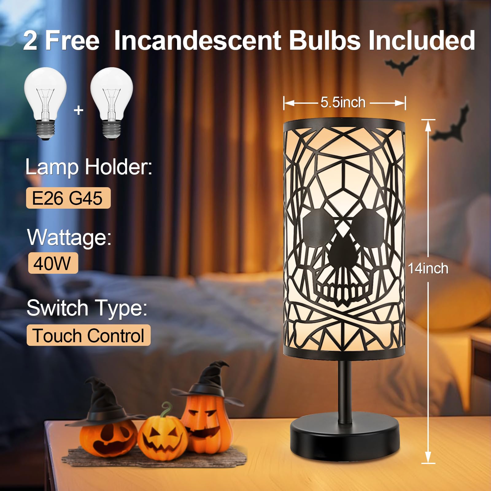 Acomycici Black Skull Lamp,3-Way Dimmable Touch Control Table Lamp For Gothic Decor, Best Ideal ,Anniversary Birthday Halloween Christmas Decorations Skull Light (Bulb Included)