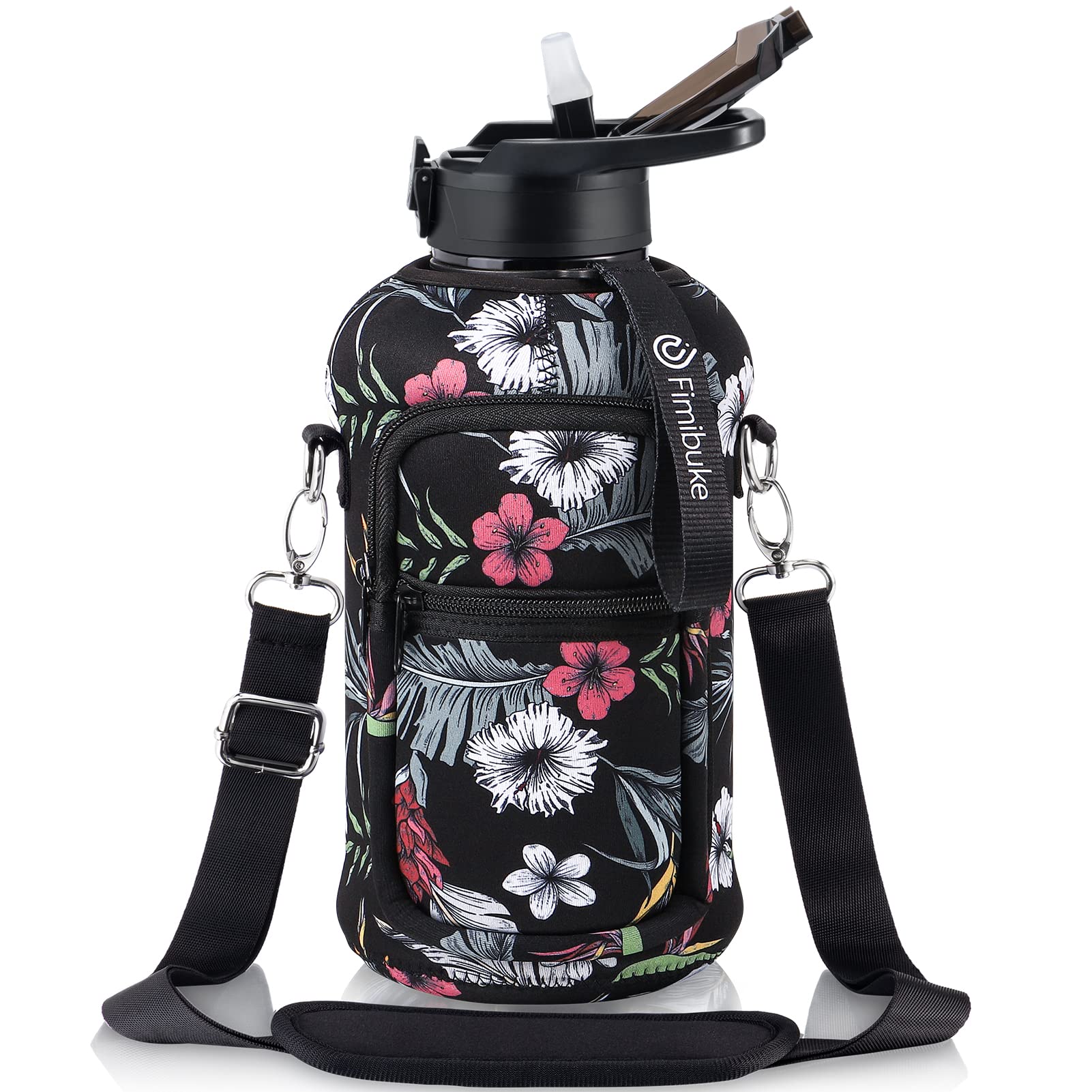 Fimibuke Half Gallon Water Bottle With Sleeve 64 Oz Water Bottle With Handle & Straw Leakproof