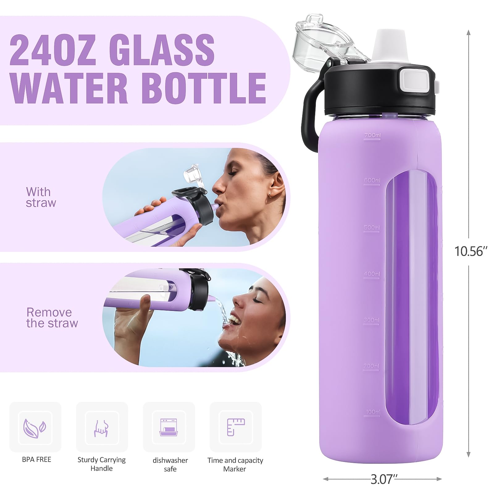 Bluego 24Oz Glass Water Bottle, Motivational Water Bottle With Time Marker And Straw, Water Bottles