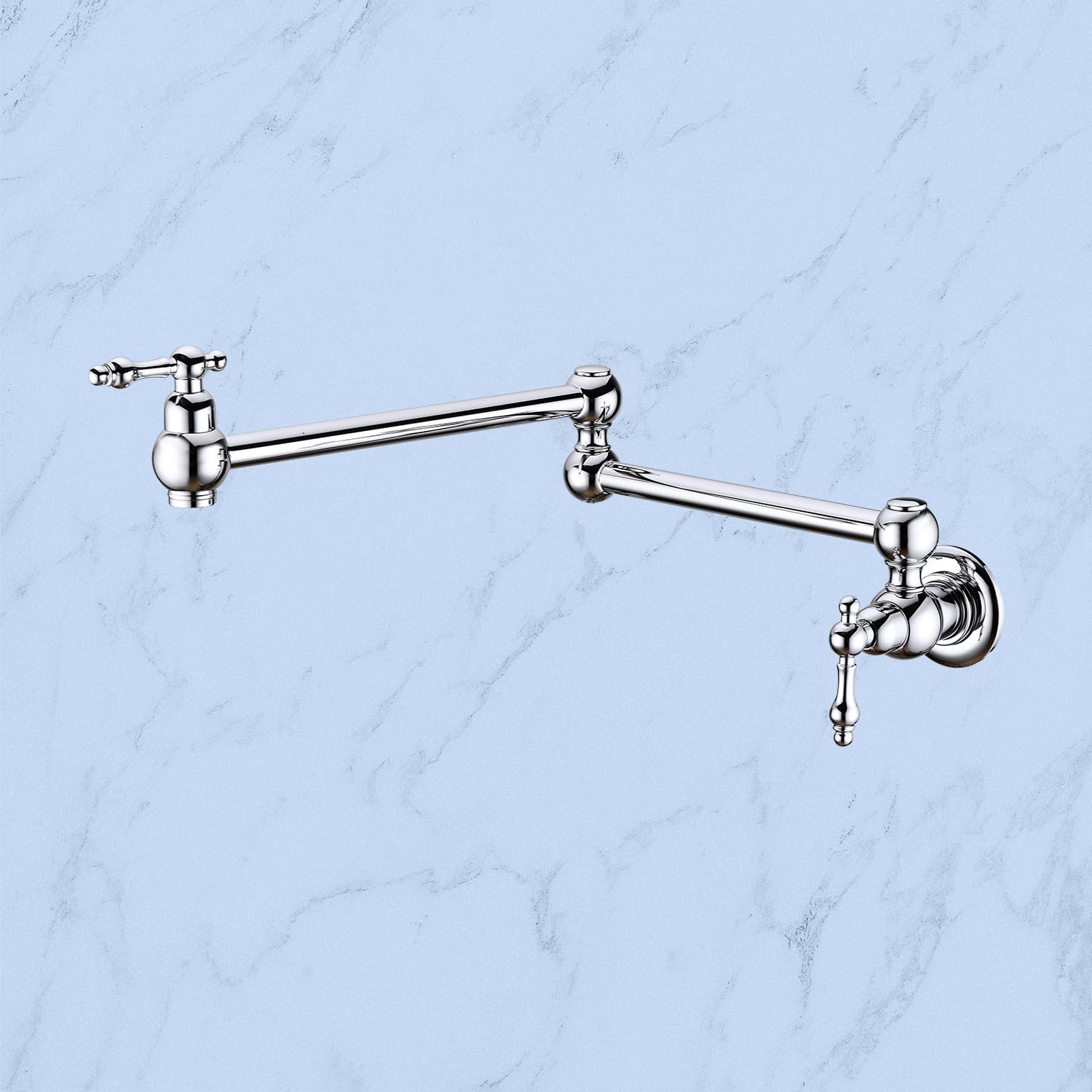 Vacolitel Pot Filler Wall Mount Folding Stretchable Kitchen Restaurant Faucet Brass Pot Filler Double Joint Swing Arm Two Handles (Chrome)