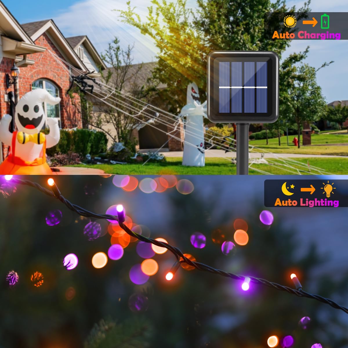 Lnryy Purple & Orange Halloween Lights - 220Led Solar String Lights, 78Ft For Outdoor Decor, 2Pack Fairy Lights
