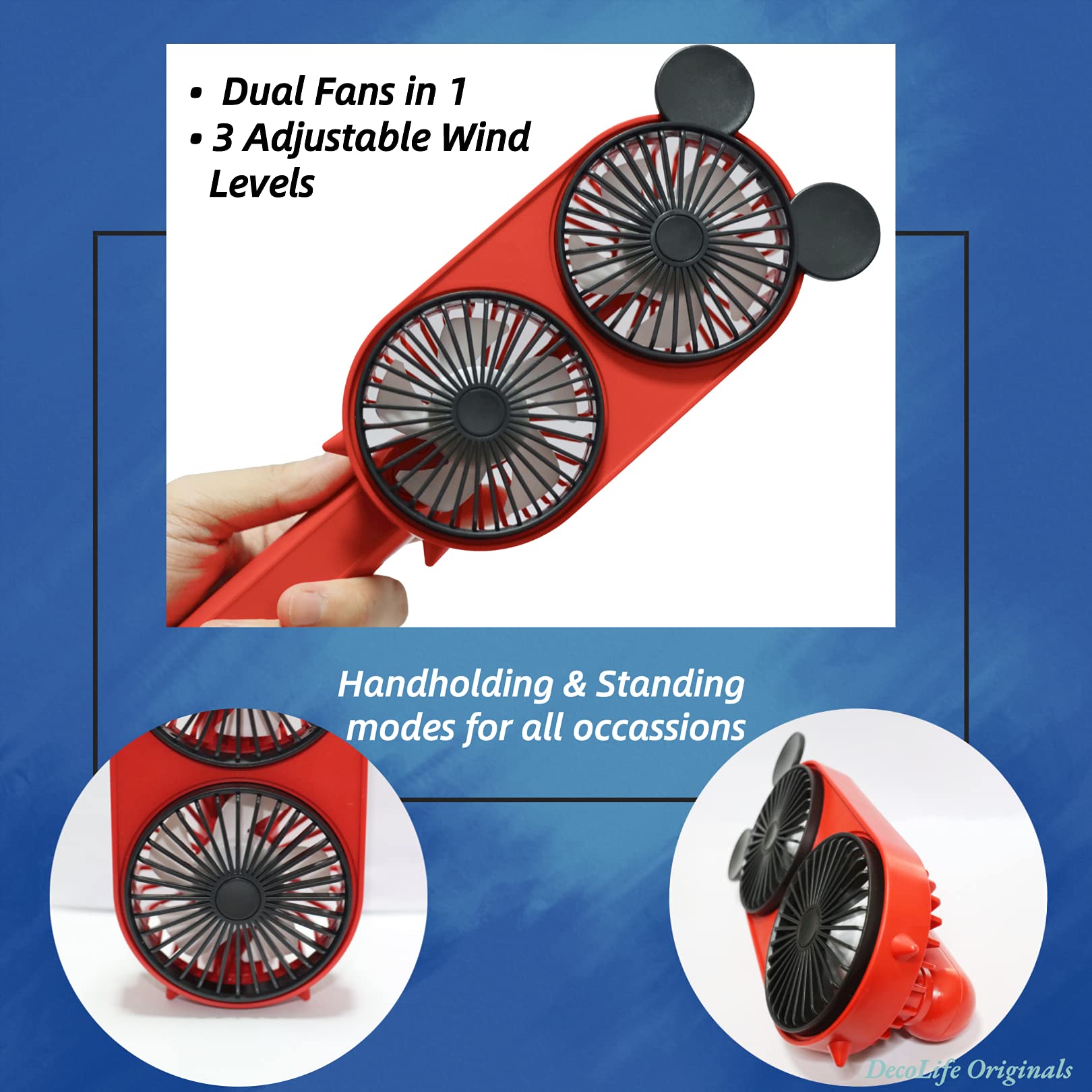 Lacovia Decolife Cute Mouse Foldable Portable Rechargeable Handheld Mini Fan, With Dual Turbo