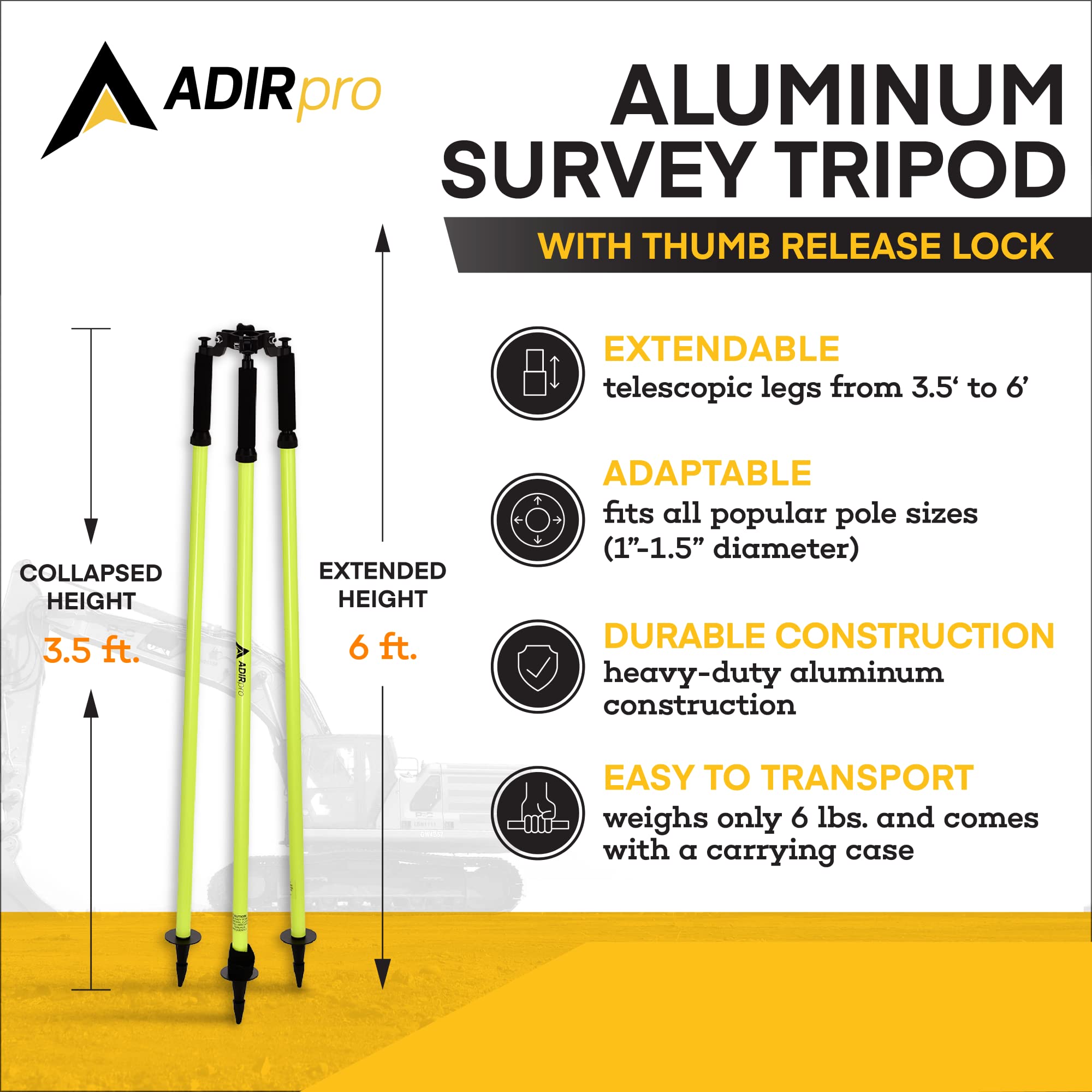 Adirpro Prism Pole Tripod – Aluminum Range Pole Tripod – Use For Survey Pole, Rover Rod, Gps Pole – Gnss Rtk Rod Stand - Survey Equipment For Total Station Surveying (Fluorescent Green)