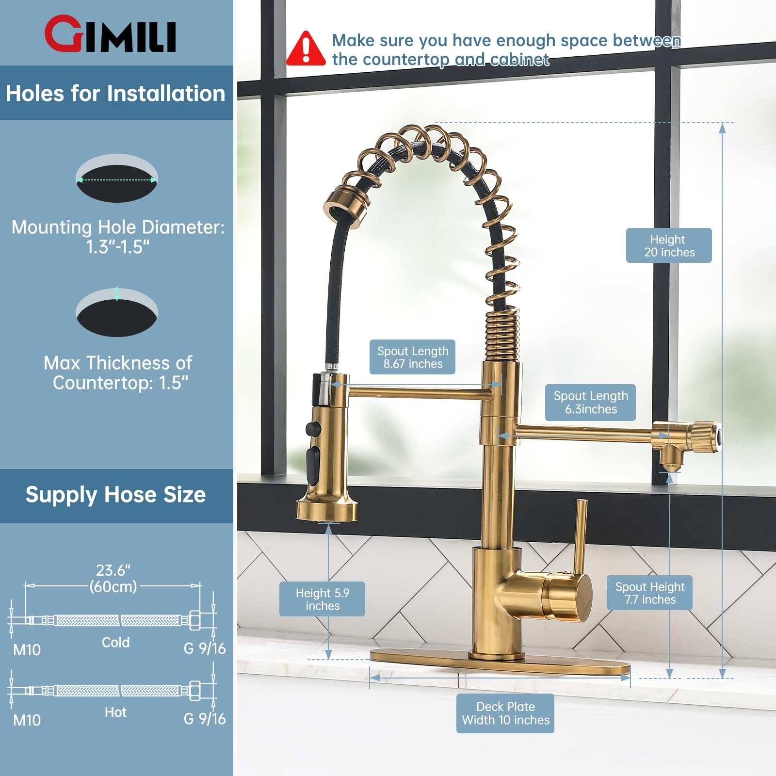 Gimili Brushed Gold Drinking Water Faucet 3 In1 Commercial Style Pull-Down Single Handle Filter Kitchen Faucet For Water Filtration System,Without Water Filtration Device