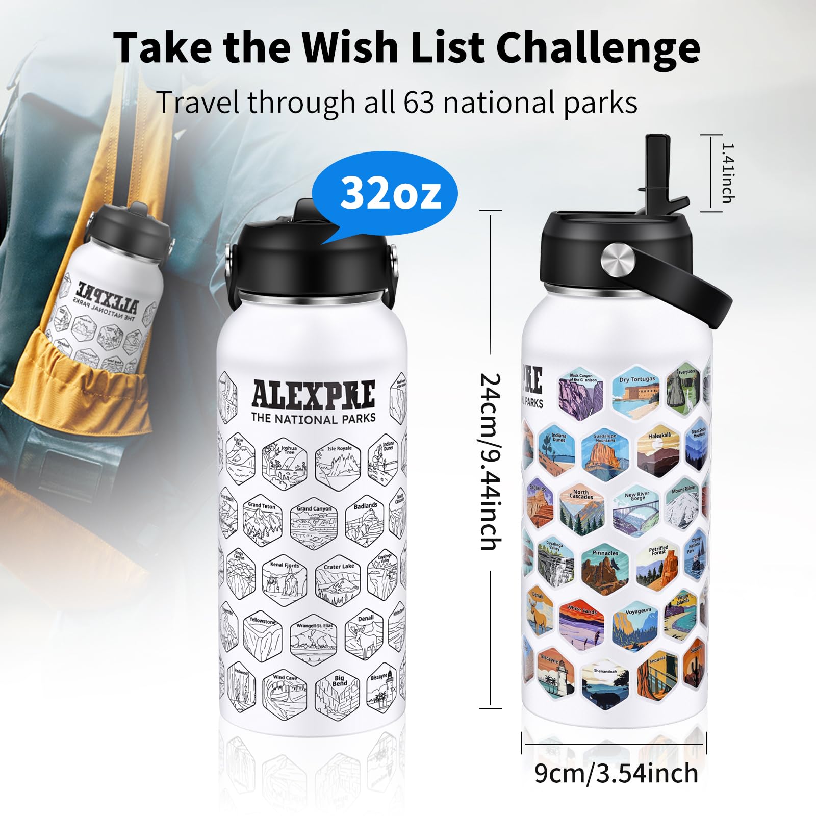 63 National Parks Water Bottle With Water Proof Stickers,32 Oz Leak Proof Insulated Stainless Steel