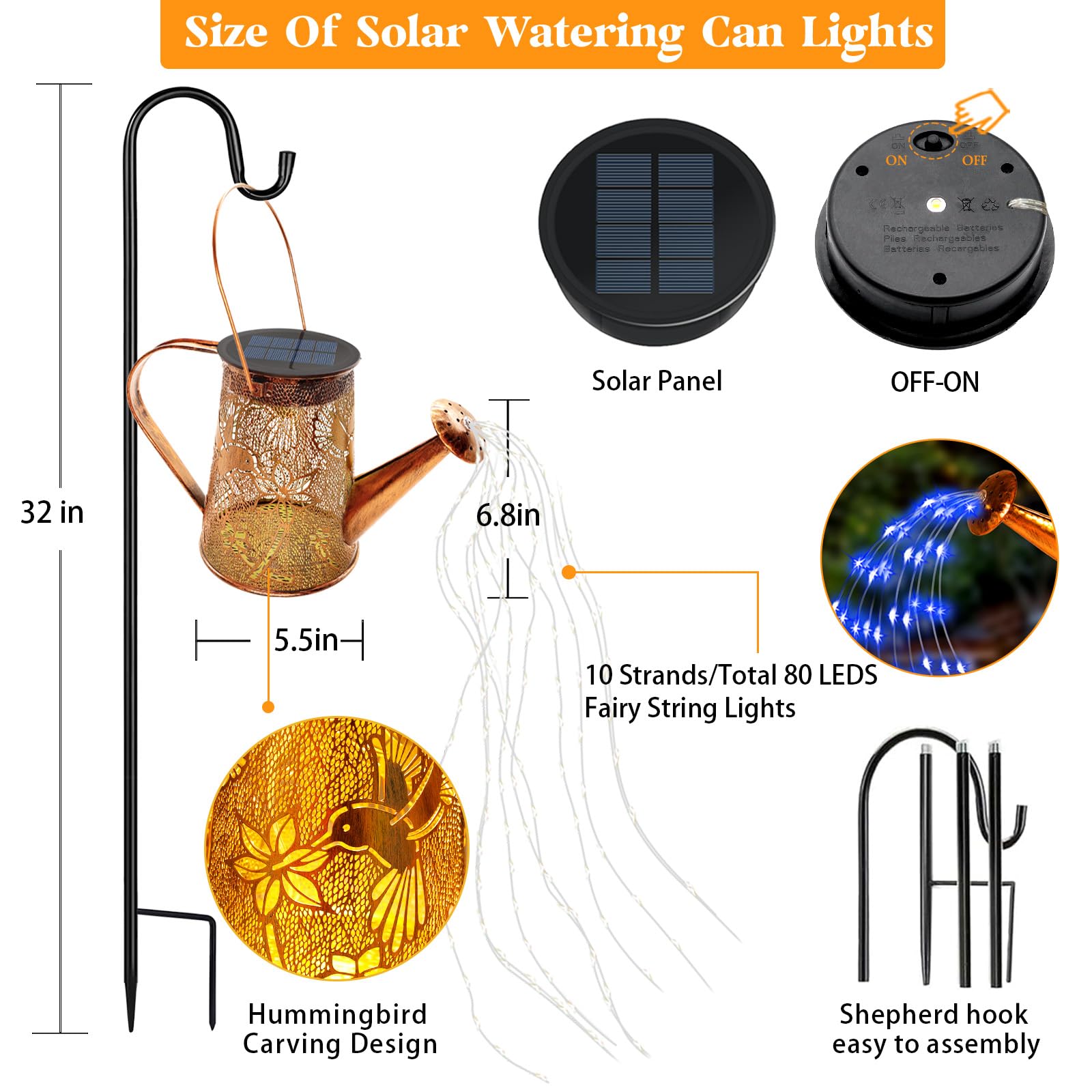 Yjfwal Solar Watering Can Lights, Hummingbird Christmas For Women Mom Grandma Birthday, Waterproof Outdoor Garden Decor Large Hanging Solar Lanterns Garden Lights For Patio Porch Yard Flowerbed Pathway