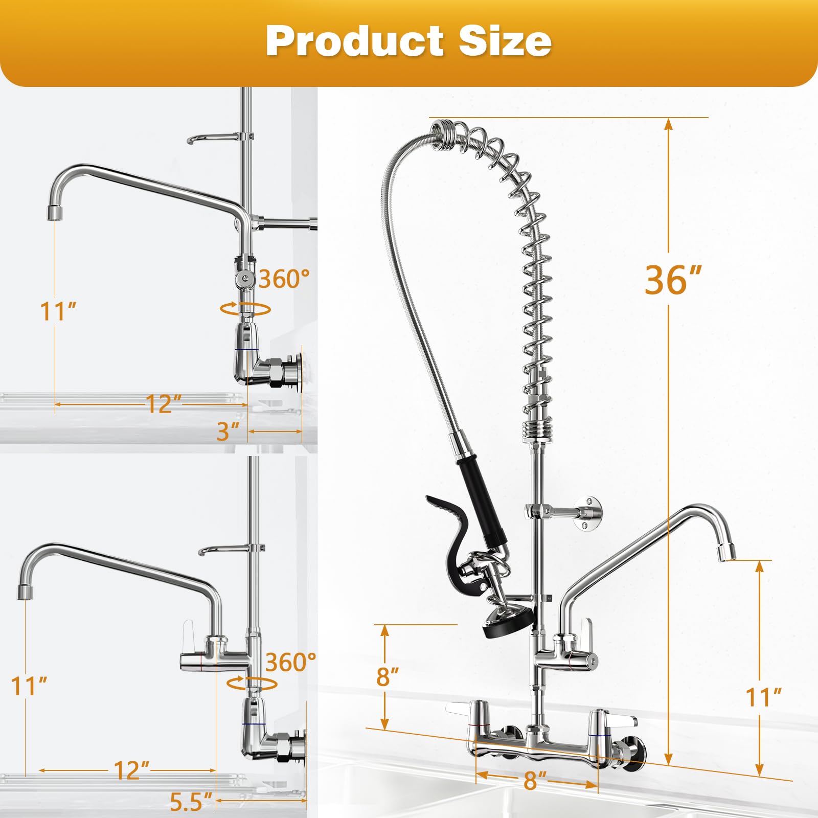 Bestjeef Commercial Sink Faucet With Sprayer For Restaurant-Chefs : Commercial Kitchen Faucet For Cook - 36" Height 8" Center Wall Mount Kitchen Faucet With Stainless Spring Spray And 12" Add-On Spout