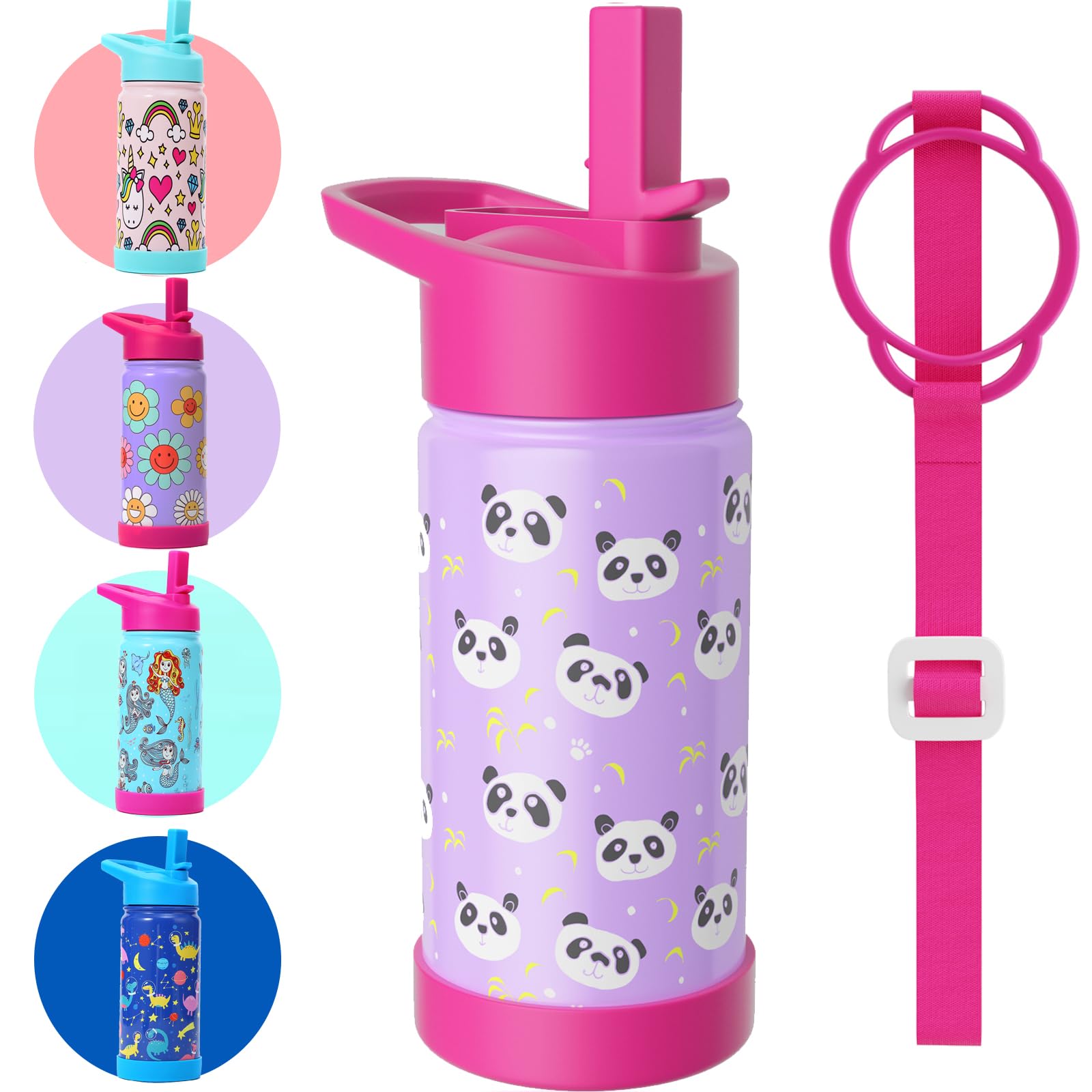 Kids Insulated Water Bottle With Straw Lid, 14Oz Double Wall Stainless Steel Cup With Boot & Strap