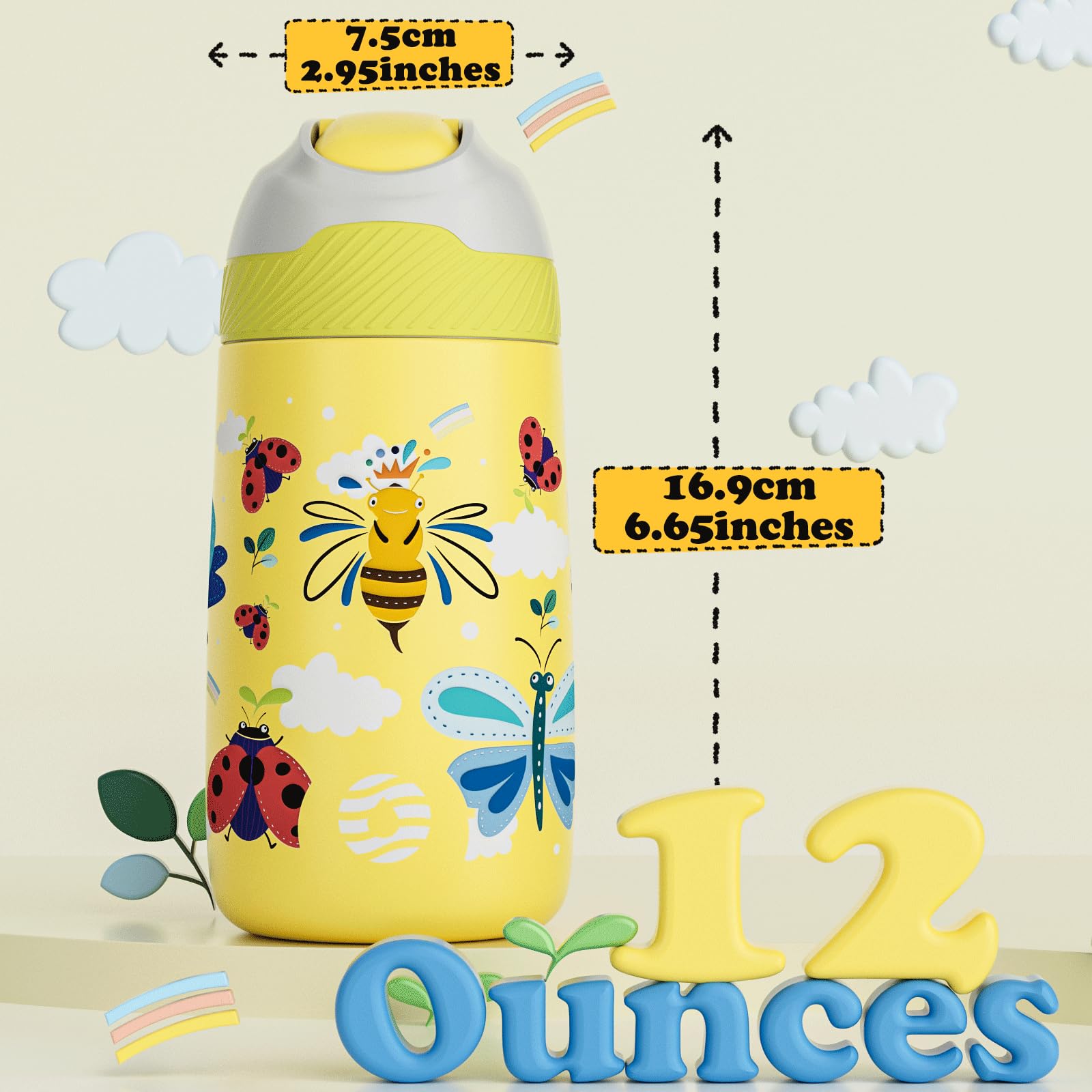 Kids Water Bottle For School, One-Click Open Stainless Steel Insulated Water Bottle With Straw Lid