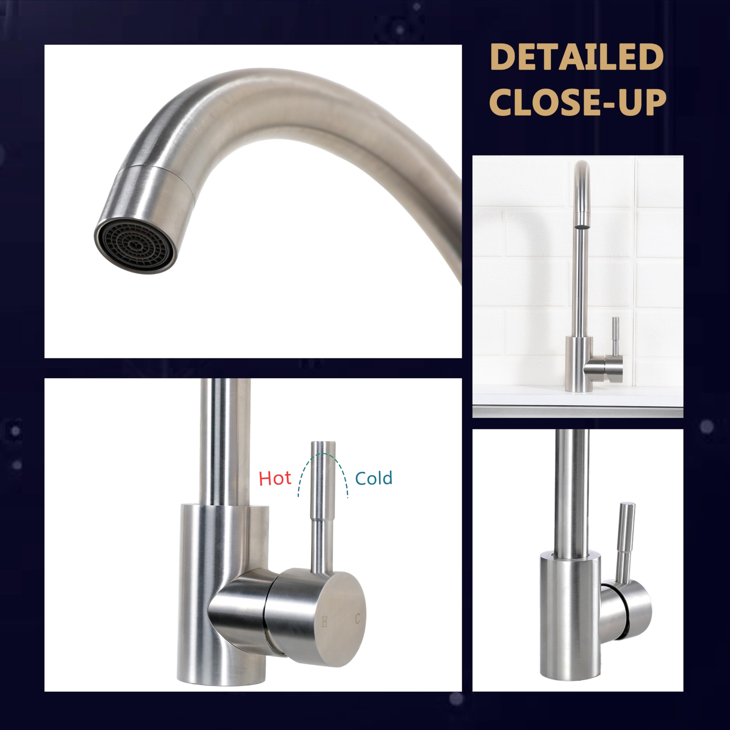 Comllen Kitchen Sink Faucet, Tall Bar Faucets Single Hole, High Arc Stainless Steel, 360° Swivel Spout, Single Handle, Brushed Nickel Kitchen Faucets For Rv Prep Kitchen, Hot &Cold Water Hose