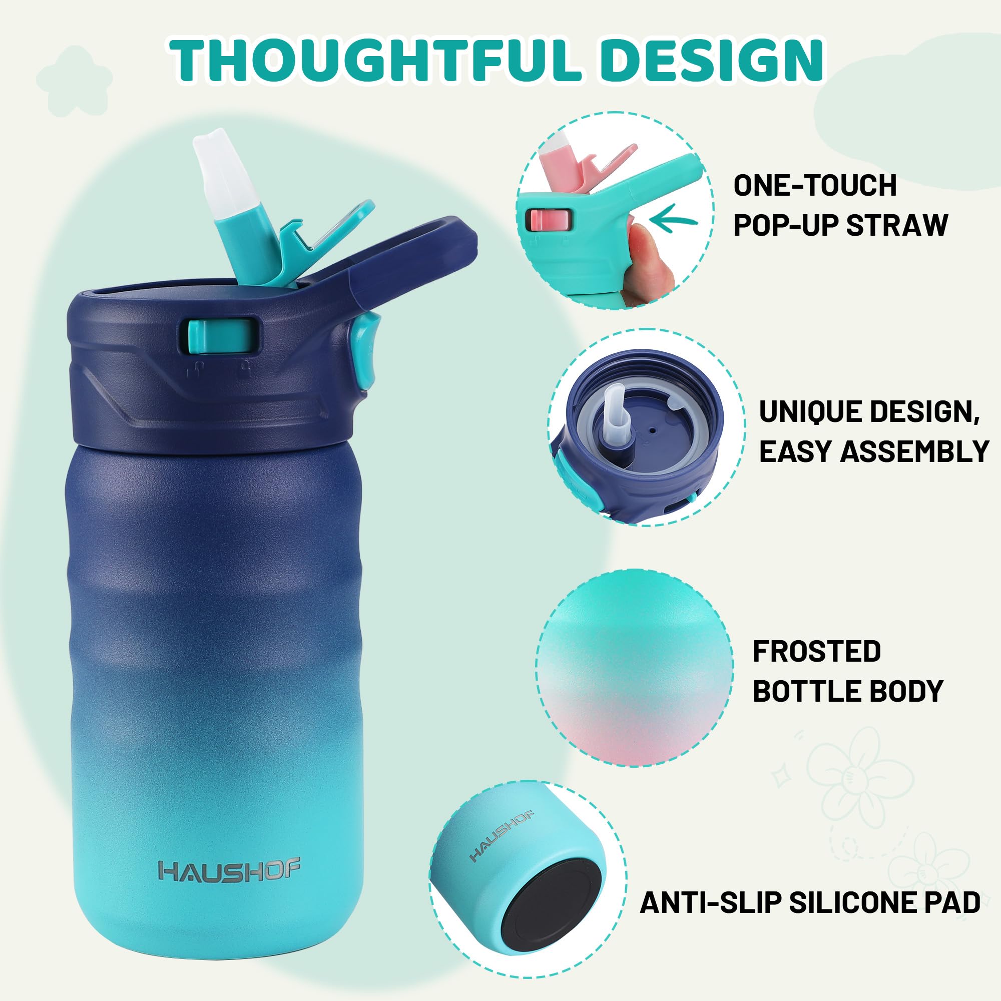 Haushof Kids Water Bottle 2-Pack (12 Oz)- With Straw And Stickers, Stainless Steel Vacuum D