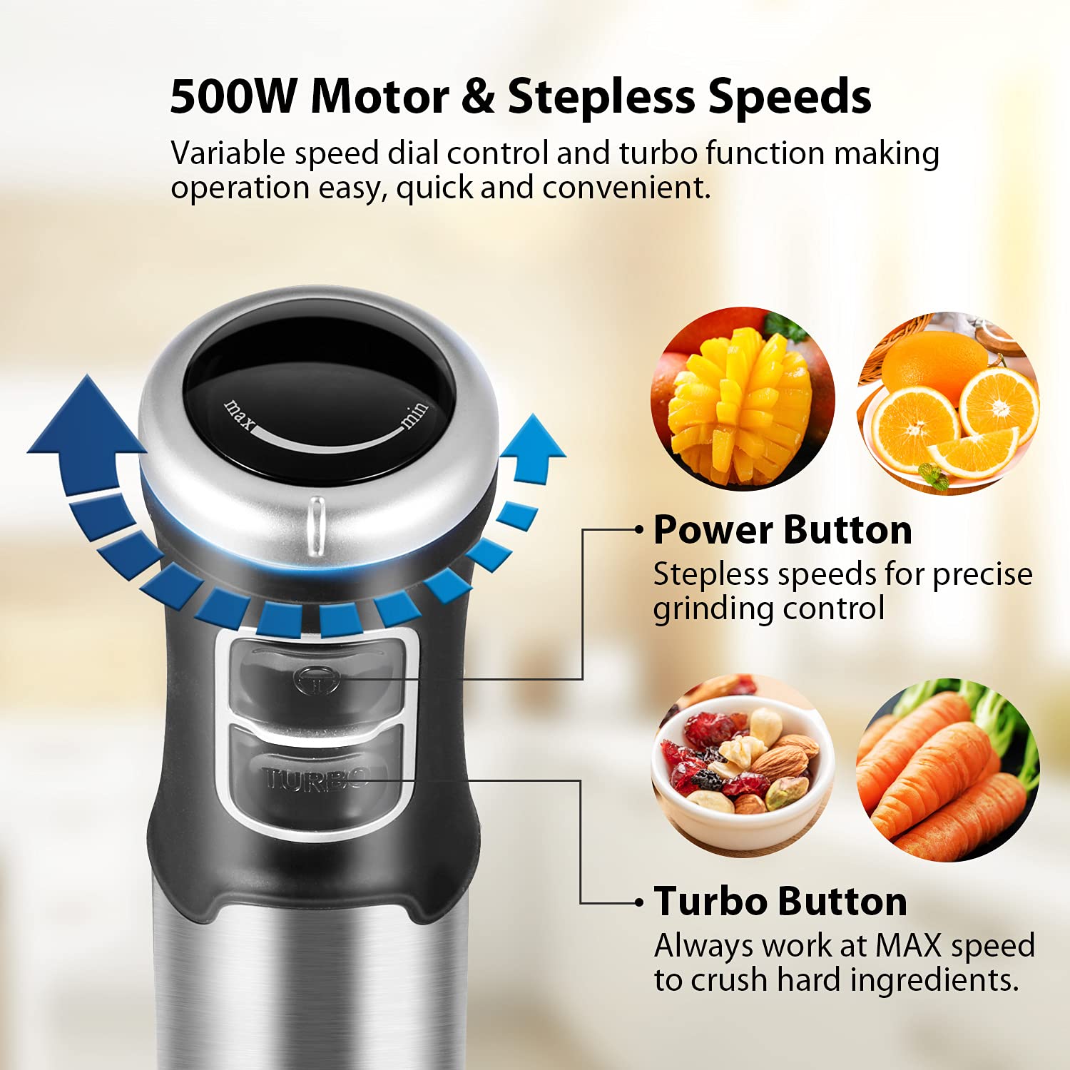 Comfee' Immersion Hand Blender, Brushed Stainless Steel, Multipurpose Stick Blender With 500 Watts, 600Ml Beaker, 500Ml Chopper And Whisk, Perfect For Baby Food, Smoothies, Sauces And Soups, Black