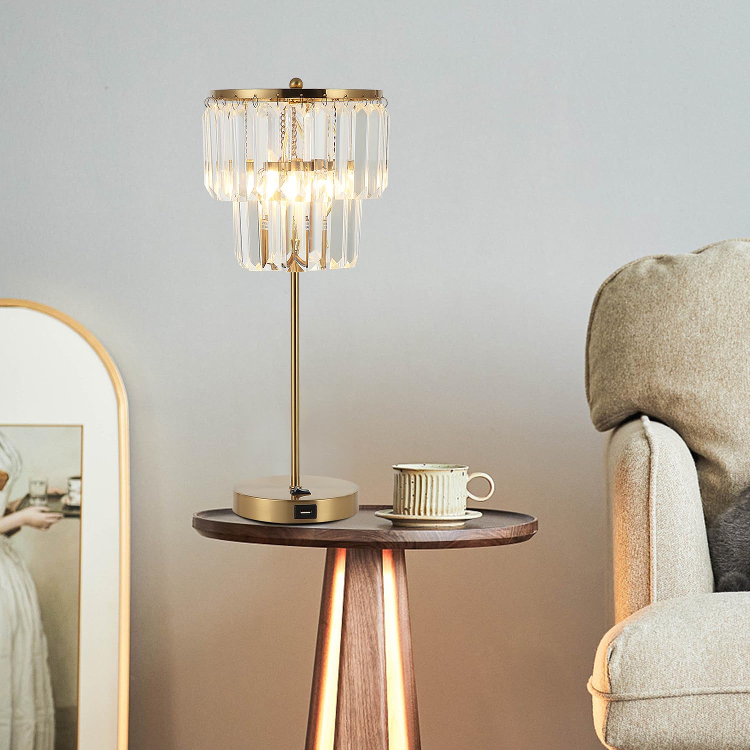 Doraloko Bedside Lamp For Bedroom, Gold Crystal Table Lamp 18 Inches, Tiffany Clear Crystal Drops, Usb Charging Port, E12 Socket, 6W Led Bulb Included, Golden Decorative Desk Light(1 Pack, Brass Finish)