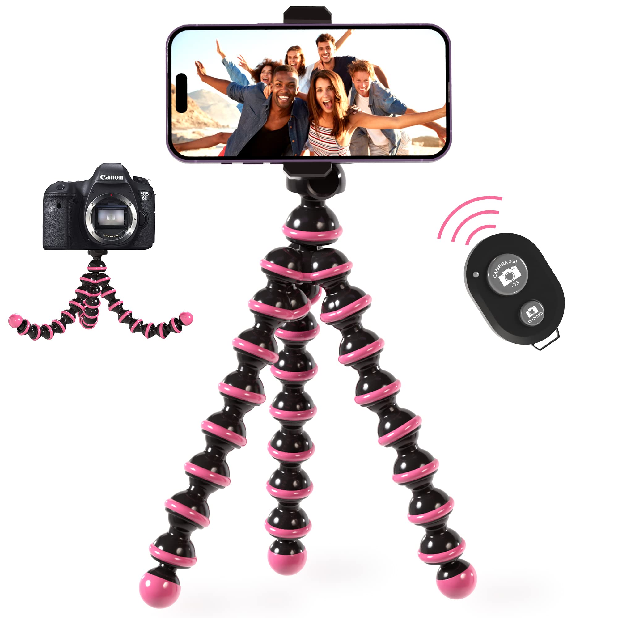 Talkworks Flexible Tripod For Iphone, Android, Camera - Bendable Legs, Adjustable Stand Holder With Mini Wireless Remote For Selfies, Vlogging, Beauty/Makeup, Live Streaming/Recording - Pink