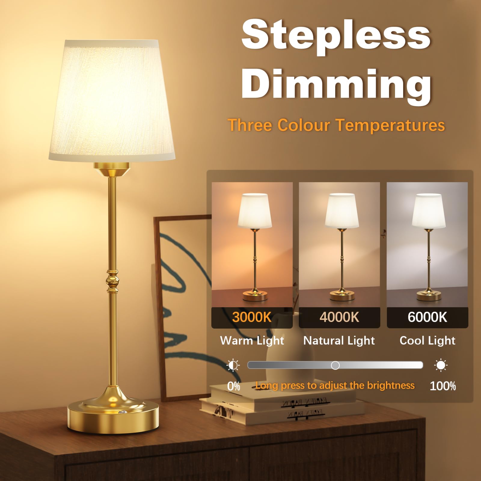 Yoowarm Cordless Led Table Lamp With Dimmer, Cordless Table Lamp Rechargeable Gold,3 Level Brightness Stepless Dimming Touch Control Wireless Lamp For Bedroom Living Room Home Office Dorm, Bedside