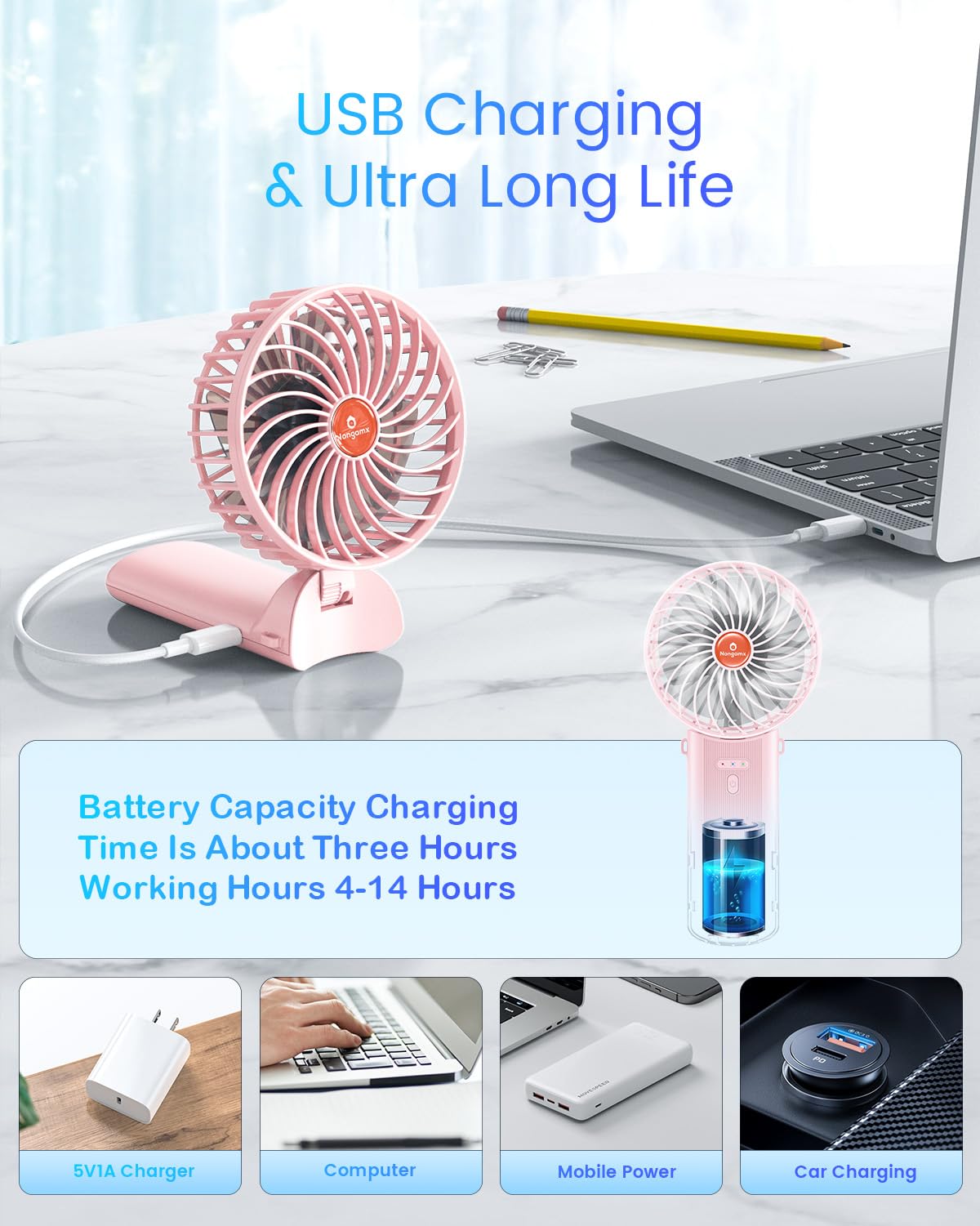 Portable Handheld Mini Fan Rechargeable: Small Hand Personal Foldable Fans 180° Adjustable 4 Speed