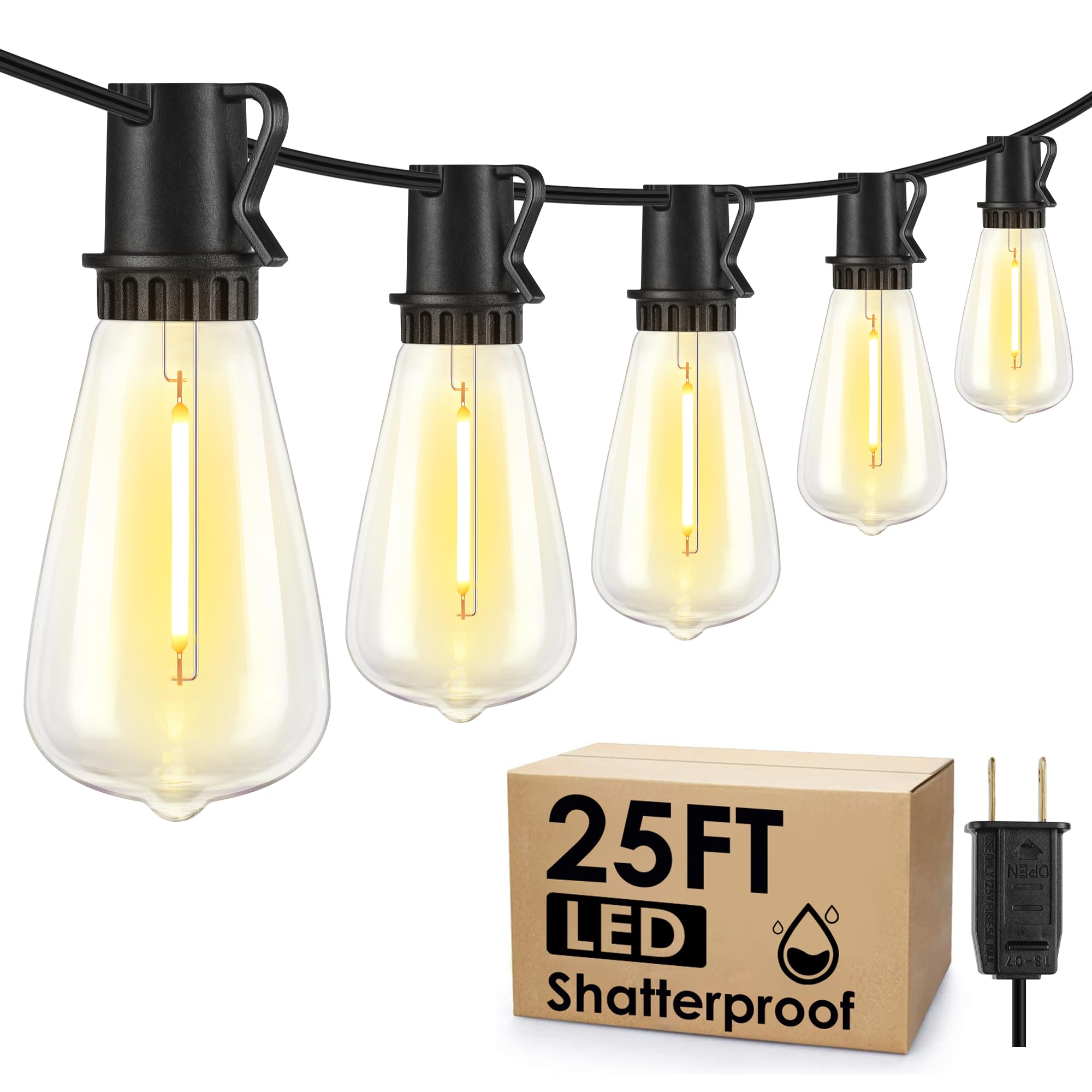 Larkvue 25Ft Outdoor String Lights, Patio Lights With 10+1 Led Dimmable Waterproof Shatterproof St38 Retro Edison 2700K Bulbs For Balcony Yard, Black
