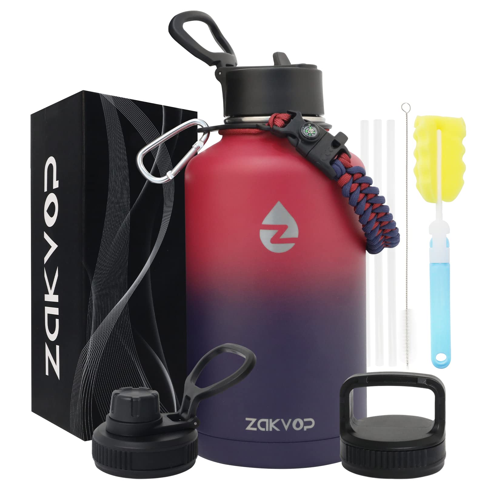 64 Oz Insulated Water Bottle With Straws&3 Lids, Zakvop Half Gallon Water Bottle Stainless Steel