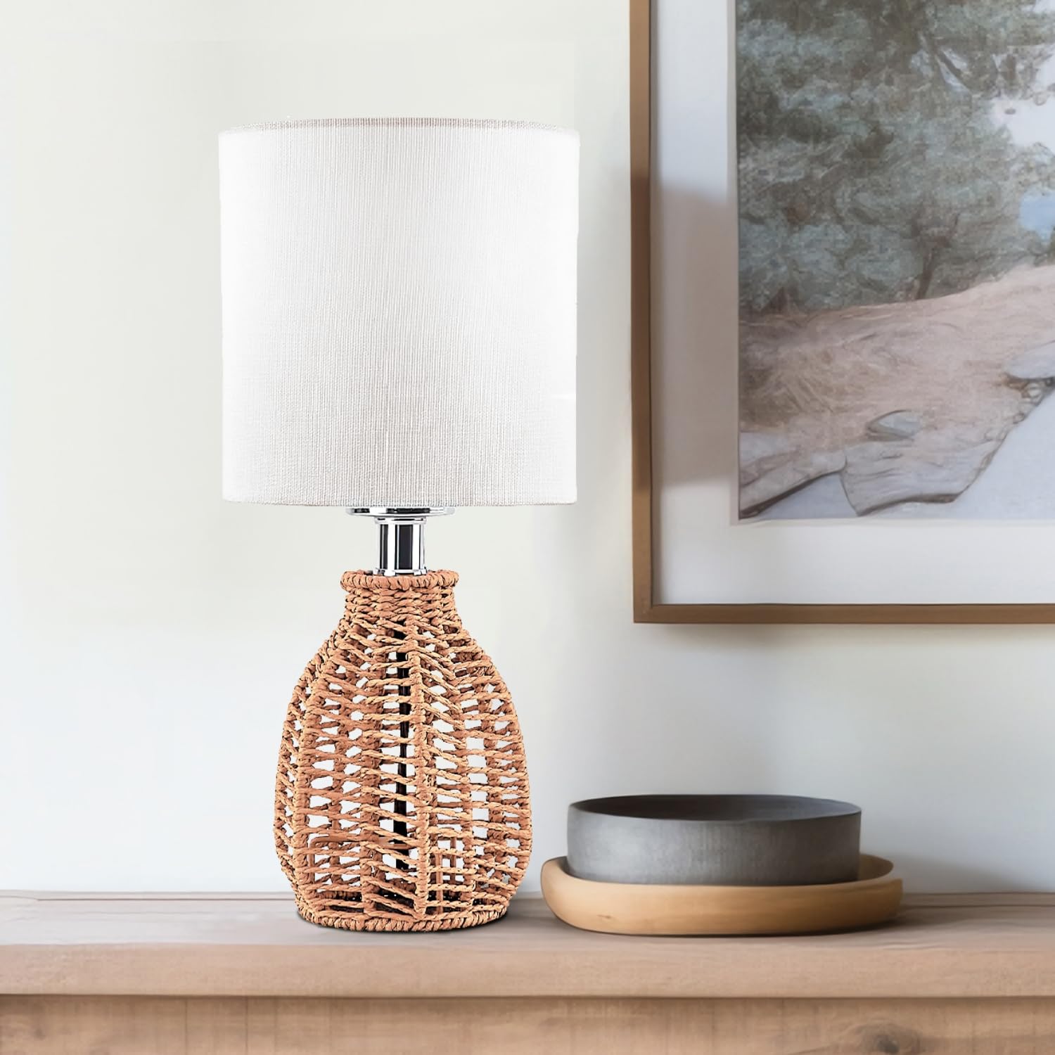 Haiifaz Small Rattan Table Lamp, 3 Color Temperature Boho Bedside Lamp Handmade Woven Wicker Nightstand Lamp Coastal Light With Beige Fabric Shade For Living Room Bedroom Office (Natural)