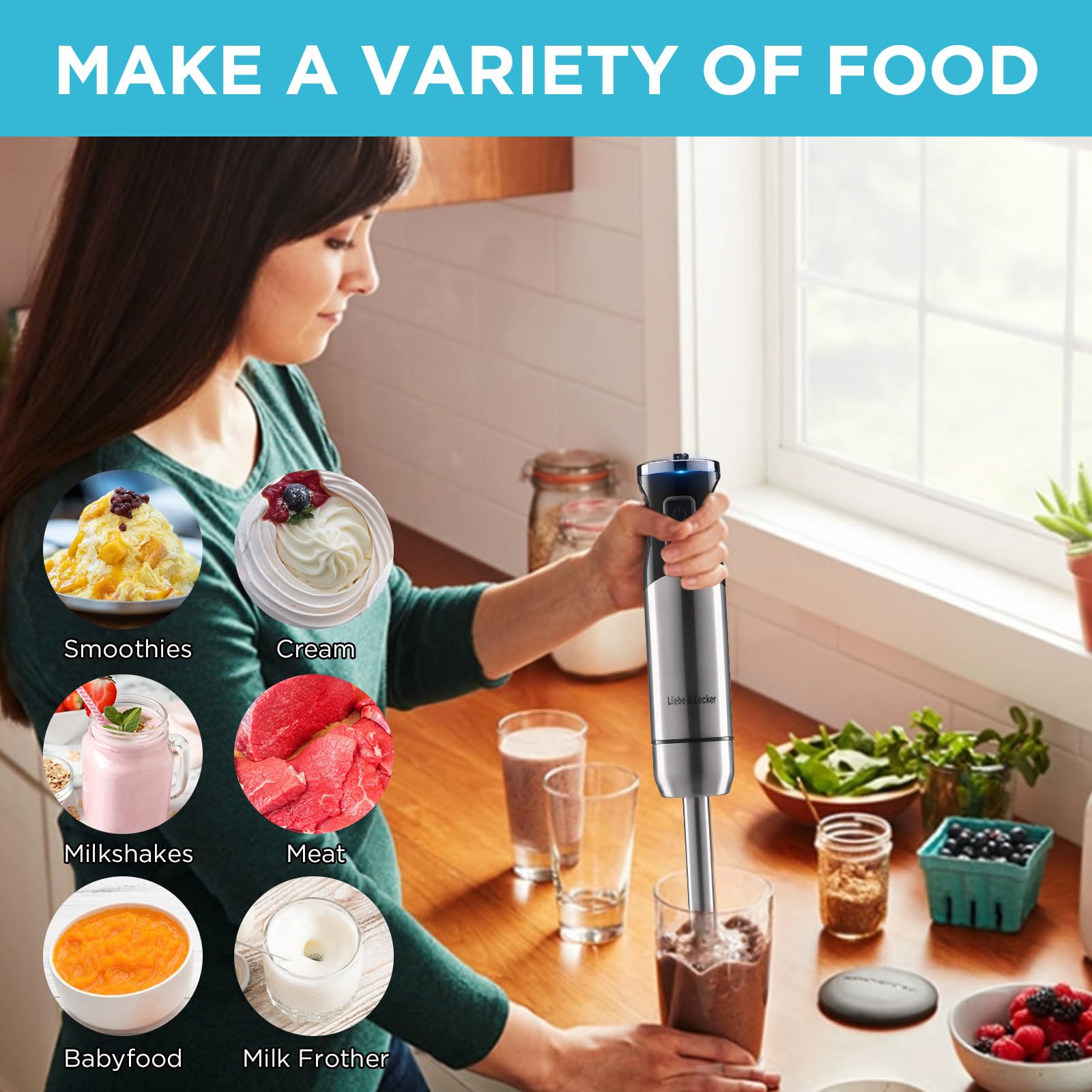 Liebe&Lecker 5 In 1 Hand Blender, Immersion Blender 8-Speed With Whisk, Milk Frother Attachments, Portable Stick Mixer For Baby Food, Smoothies & Soups. (Corded 1095)