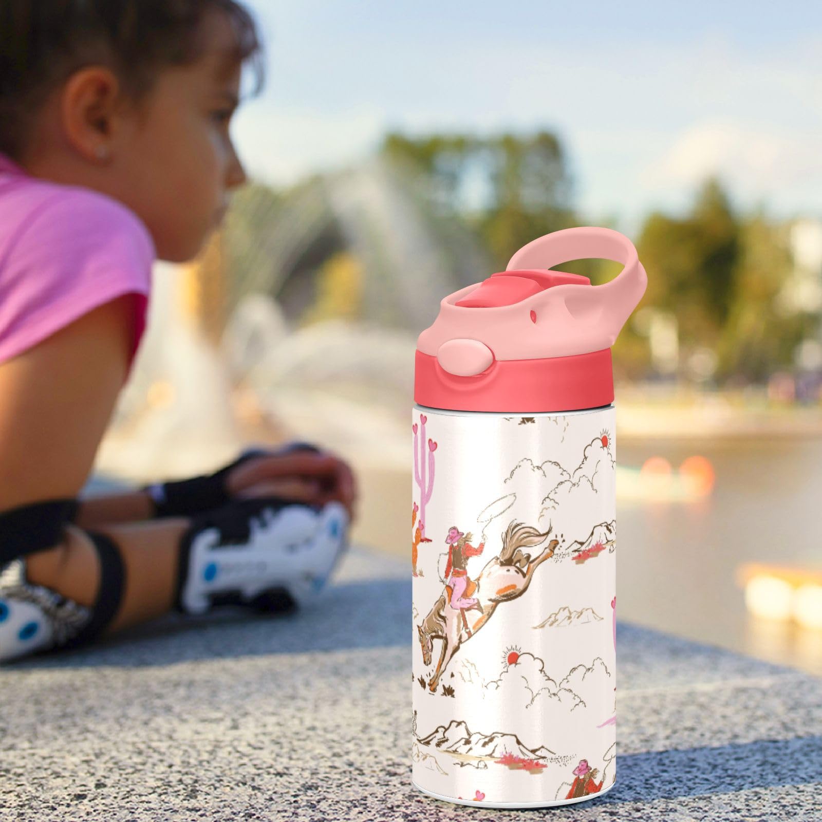 Cute Rodeo Cowgirl Kids Water Bottle, Insulated Stainless Steel Water Bottles With Straw Lid, 12 Oz