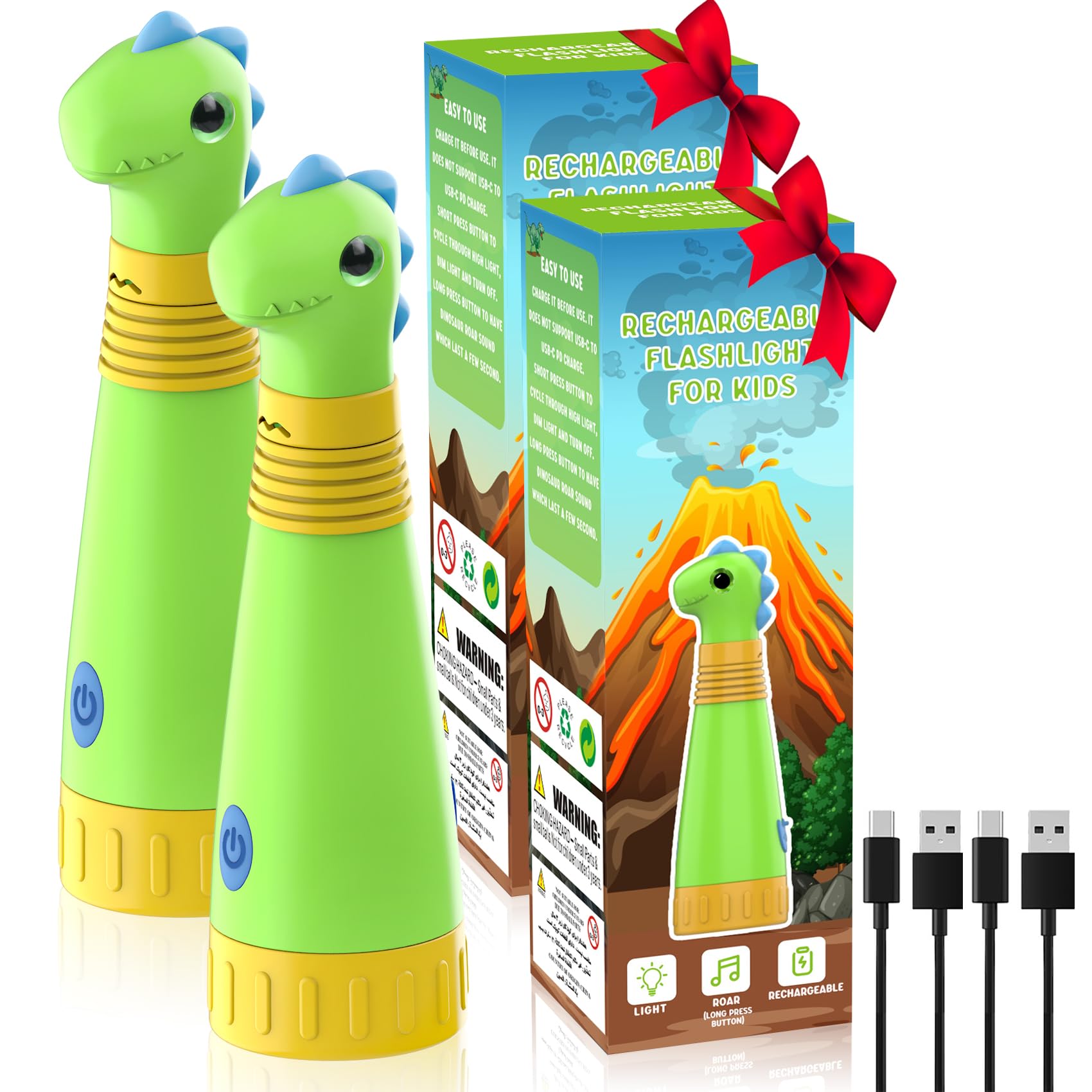 Auksky 2Pack Rechargeable Dinosaur Flashlight With Roar For Kids, Camping Gear Toddler Handheld Flashlight For Kids, Halloween Christmas Lights For Boys Girls, Dino Kid Lantern