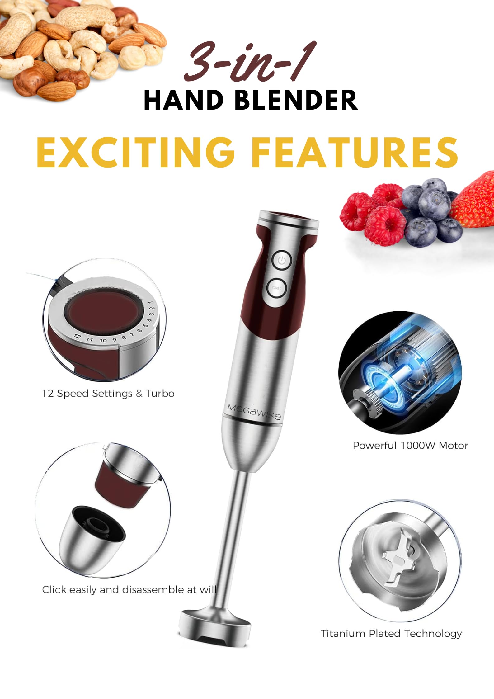 Megawise 3-In-1 Hand Blender – 12-Speed, Includes Powerful Blender Stick, Whisk, And Milk Frother – Easy To Clean And Perfect For Smoothies, And More (Red)