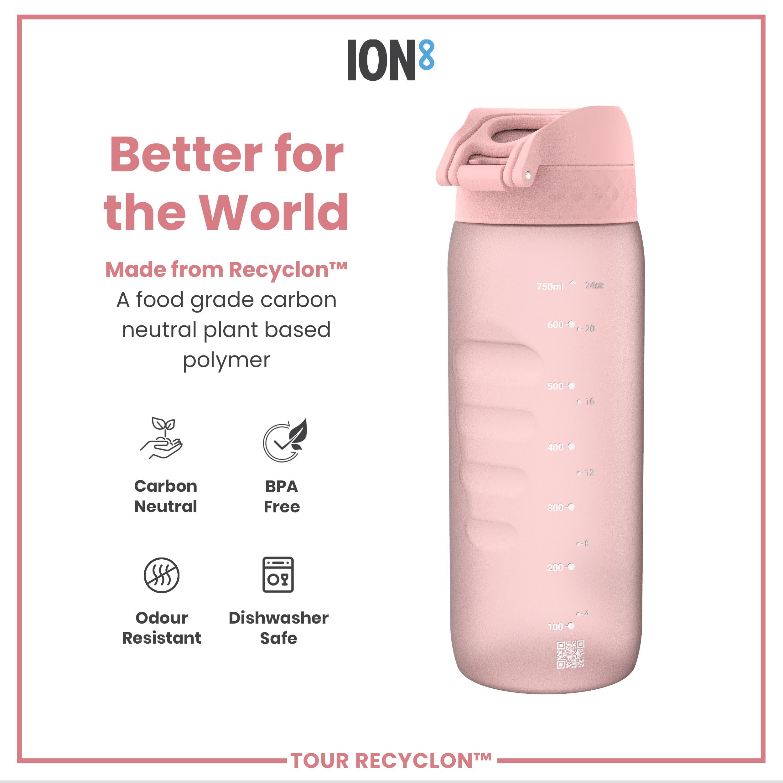 Ion8 Water Bottle, 750 Ml/24 Oz, Leak Proof, Easy To Open, Secure Lock, Dishwasher Safe,