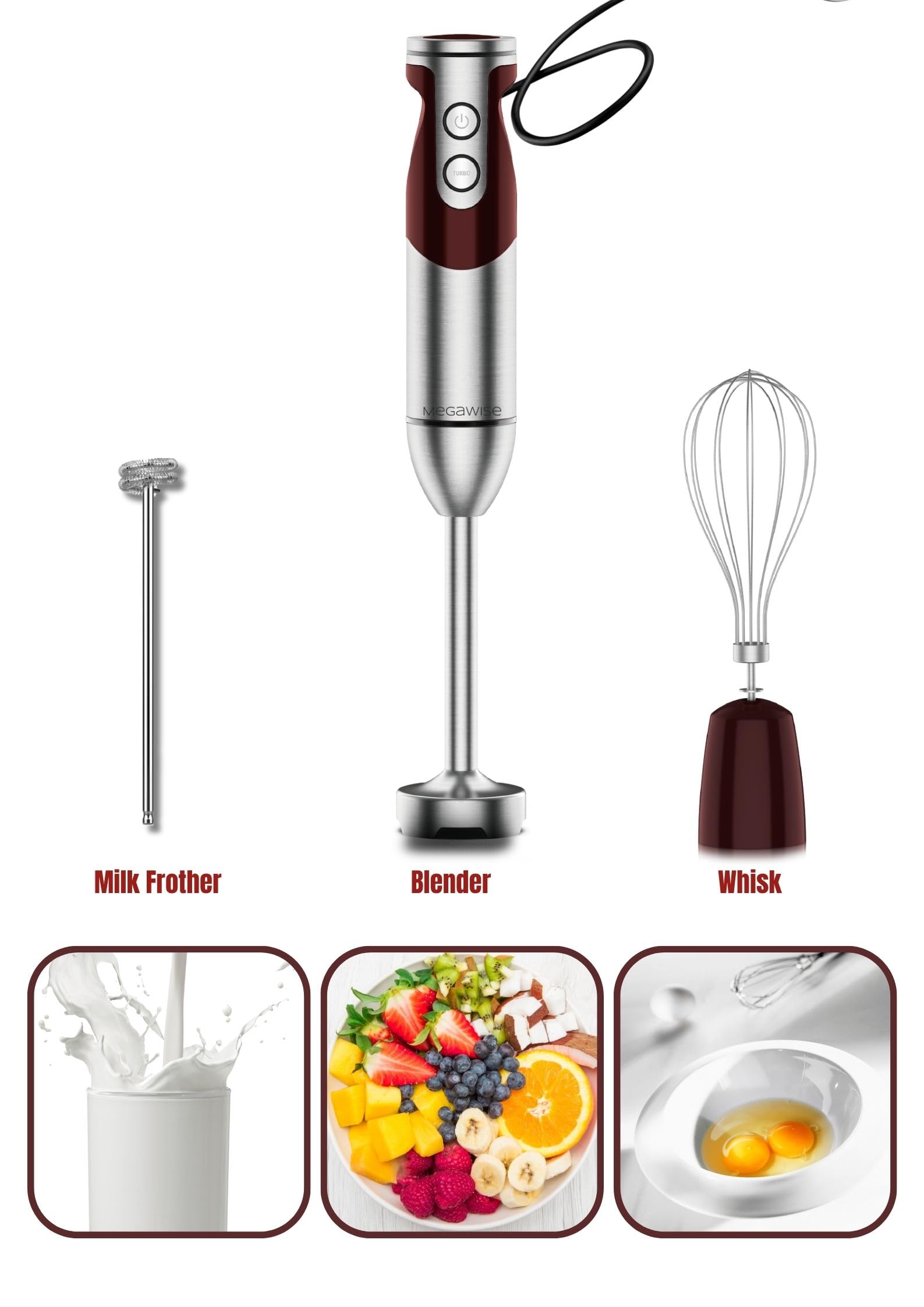 Megawise 3- In-1 Immersion Hand Blender, Powerful Motor & Stainless Steel Stick Blender, 4 Sharpe Blades With Whisk, Milk Frother Attachments