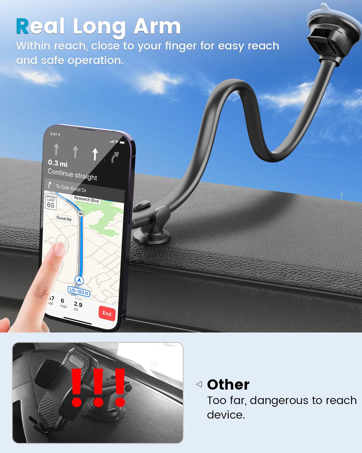 Apps2Car For Magsafe Car Mount Magnetic Phone Holder  13-Inch Long Arm Suction Cup Windshield Mount Fits Iphone 16 Pro Max Plus 15 14 13 12 Mini