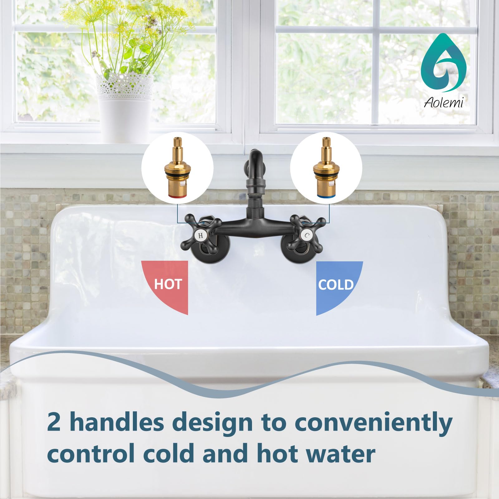 Aolemi Oil Rubbed Bronze Wall Mount Kitchen Faucet, 6 Inch Spout, Adjustable Center 3 To 9 Inch, 2 Hole Two Cross Handle Mixer Tap