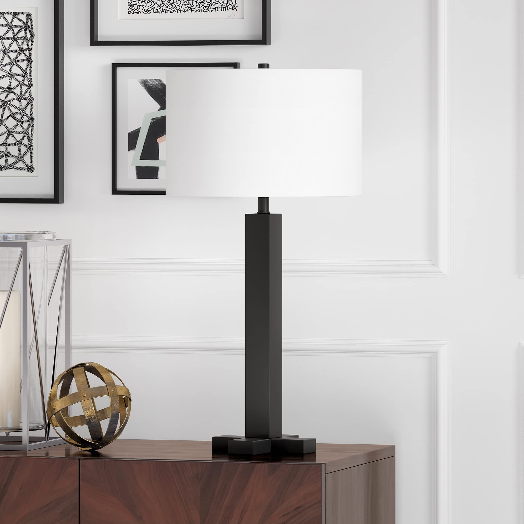 Henn&Hart Dunand 27.25" Tall Table Lamp With Fabric Shade In Blackened Bronze/White